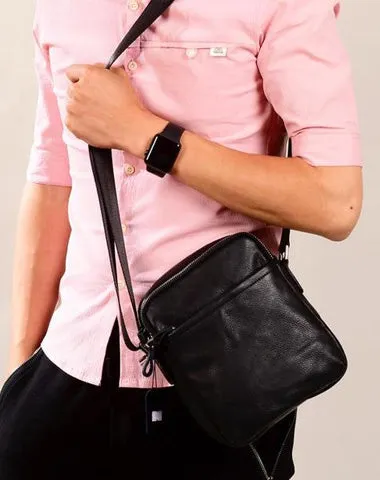 Black Leather Mens Tablet Messenger Bag Small Side Bag Black Shoulder Bag For Men