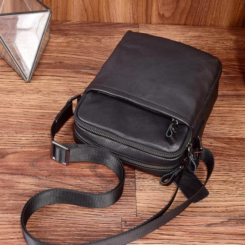 Black Leather Mens Tablet Messenger Bag Small Side Bag Black Shoulder Bag For Men