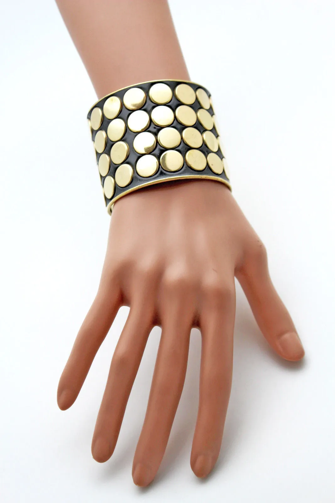 Black Metal Bracelet Cuff Gold Circles Round Geometric Shapes