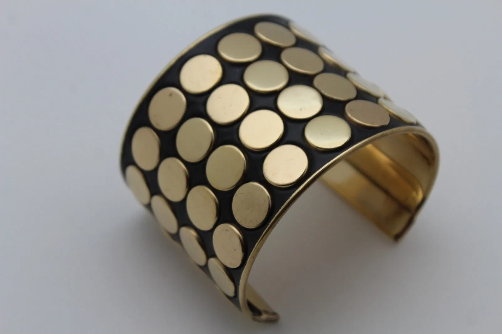 Black Metal Bracelet Cuff Gold Circles Round Geometric Shapes