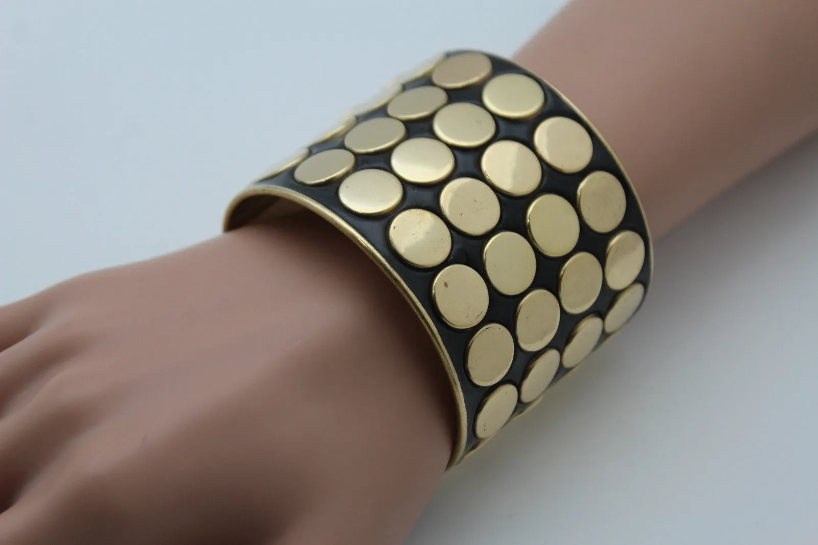 Black Metal Bracelet Cuff Gold Circles Round Geometric Shapes