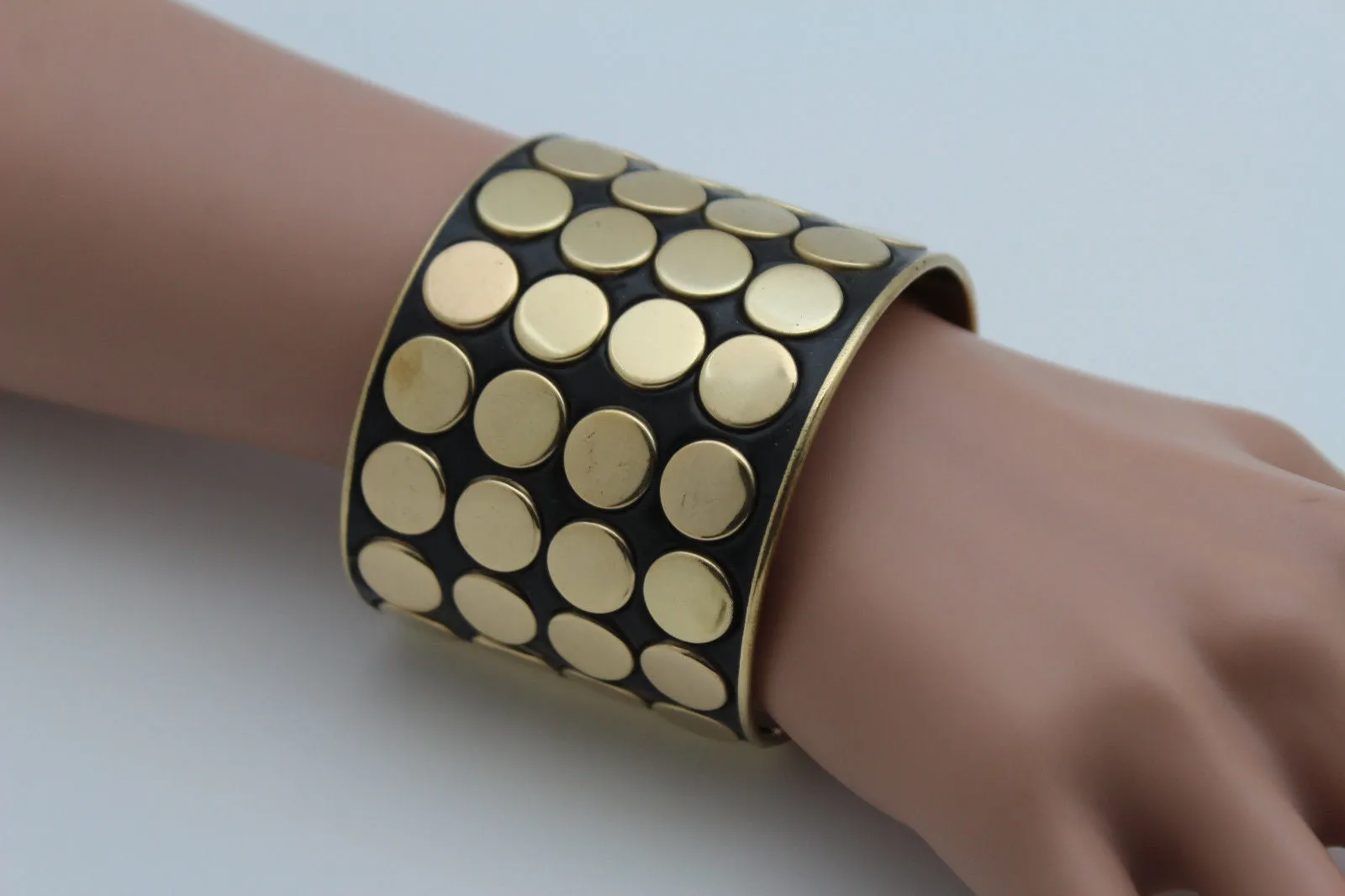 Black Metal Bracelet Cuff Gold Circles Round Geometric Shapes