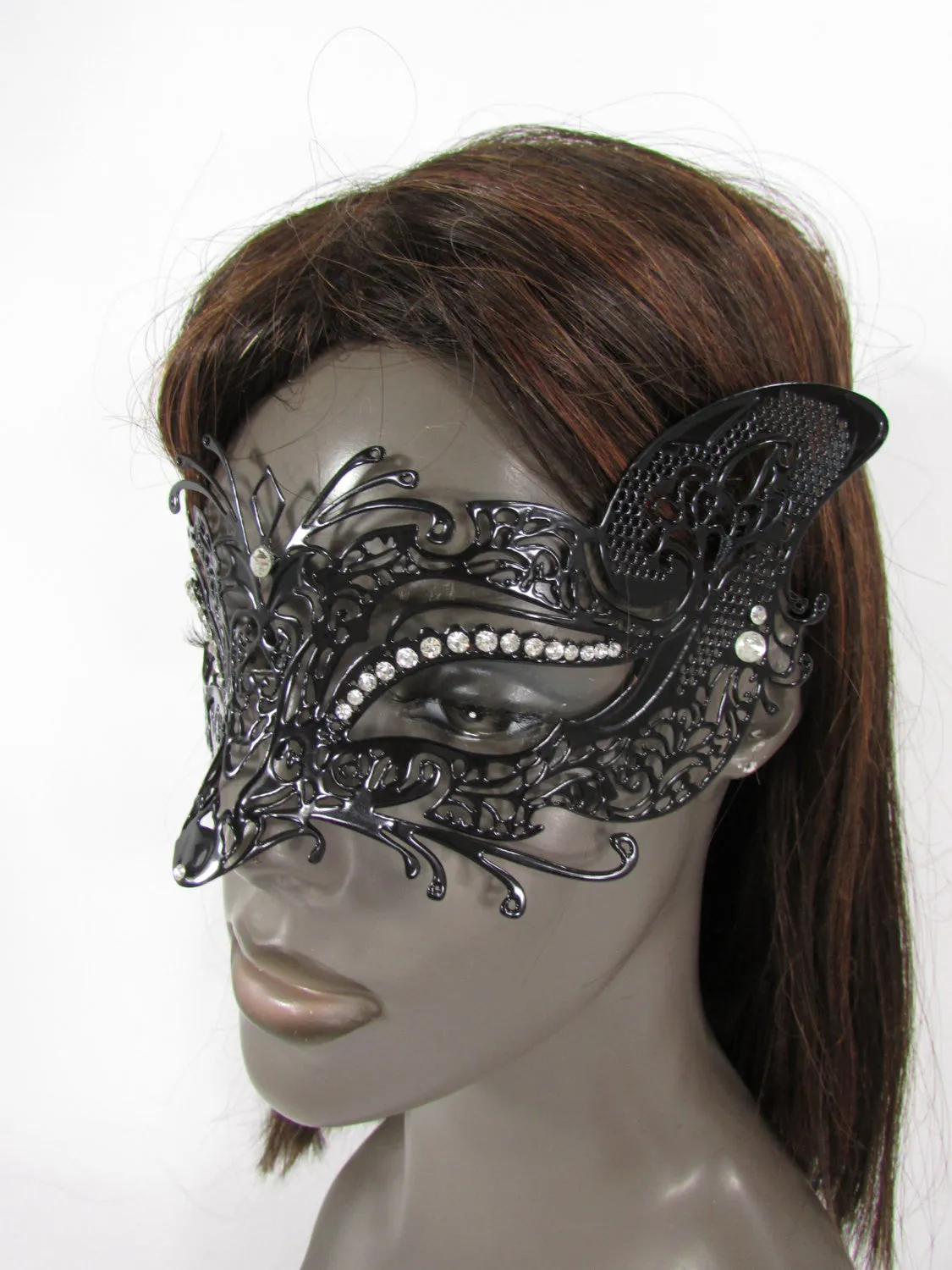 Black Metal Fox Face Multi Rhinestones Back Tie Women Halloween Carnival