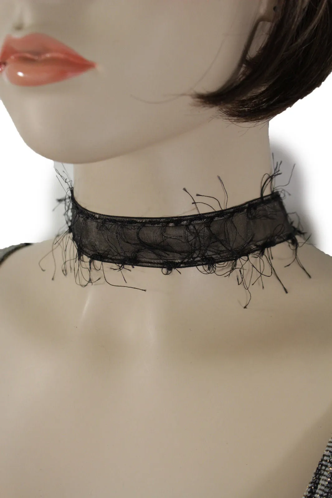 Black Narrow Fabric Fringes Short Gothic Punk Choker Necklace Women Unique