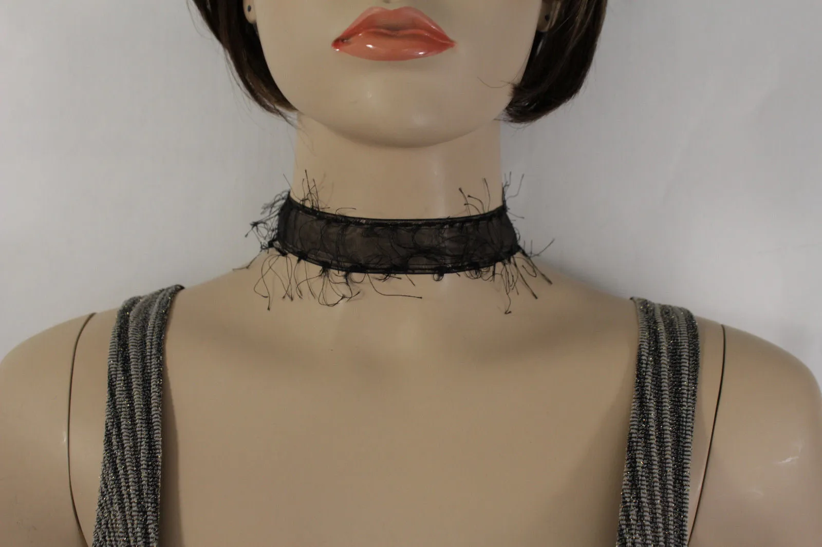 Black Narrow Fabric Fringes Short Gothic Punk Choker Necklace Women Unique