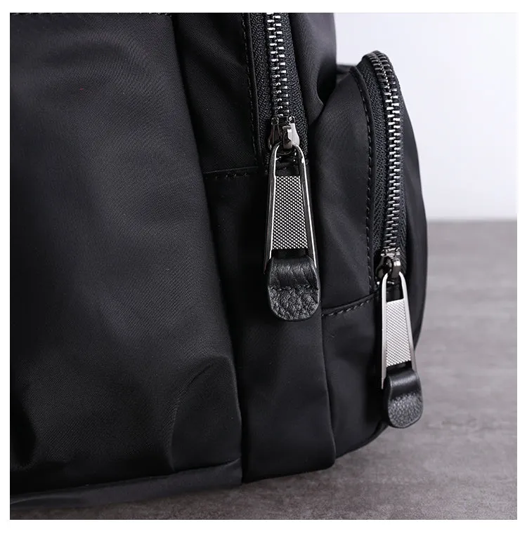 Black Nylon Satchel Backpack Womens School Backpack Purse Black Nylon Leather Travel Rucksack for Ladies