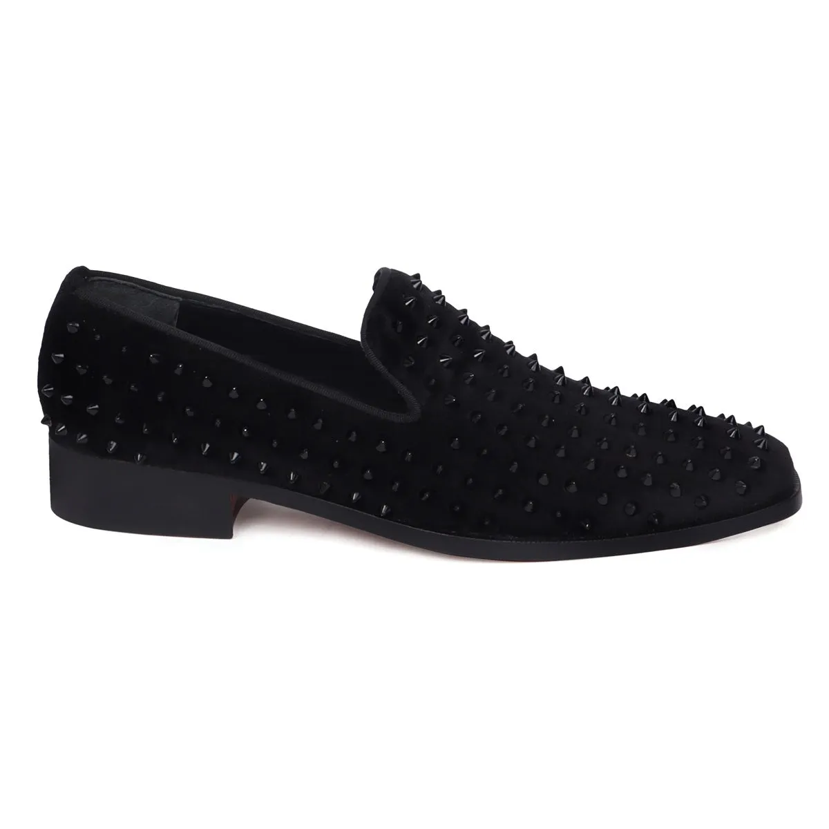 Black Studded Sleek Toe Italian Velvet Loafer For Men by Brune & Bareskin