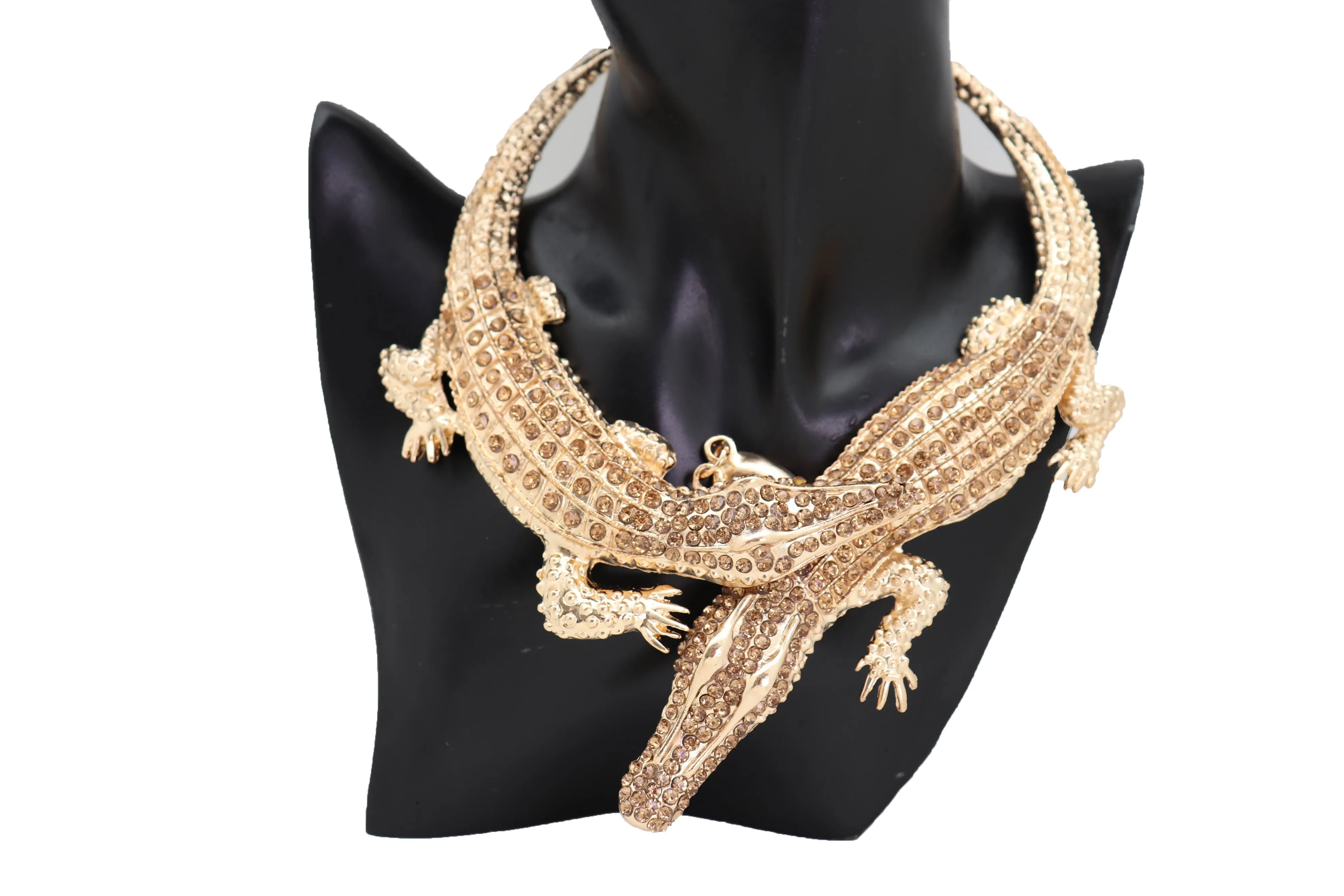 Bling Fashion Fancy Necklace Gold Metal Chain Crocodile Alligator Pendant