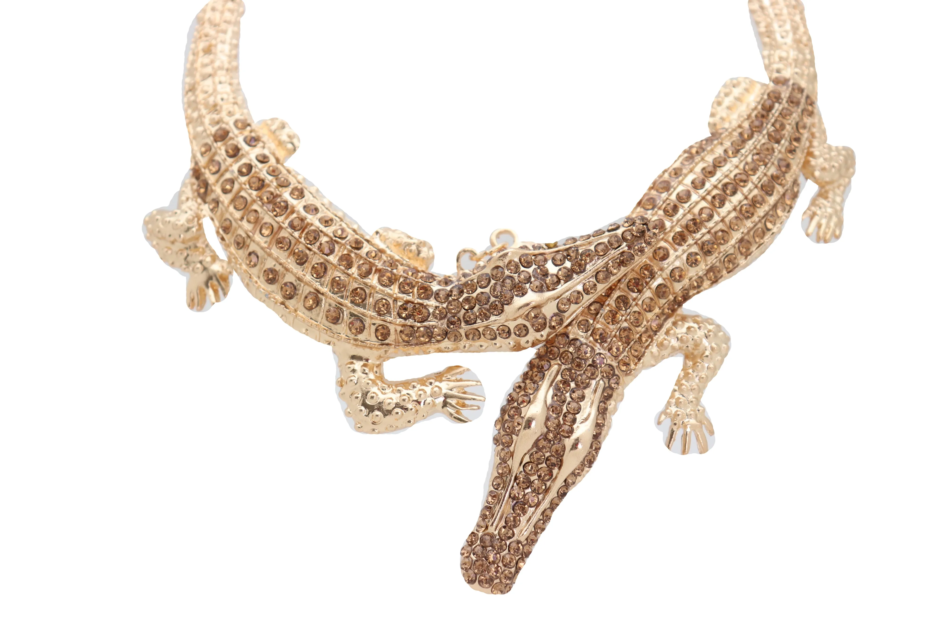 Bling Fashion Fancy Necklace Gold Metal Chain Crocodile Alligator Pendant