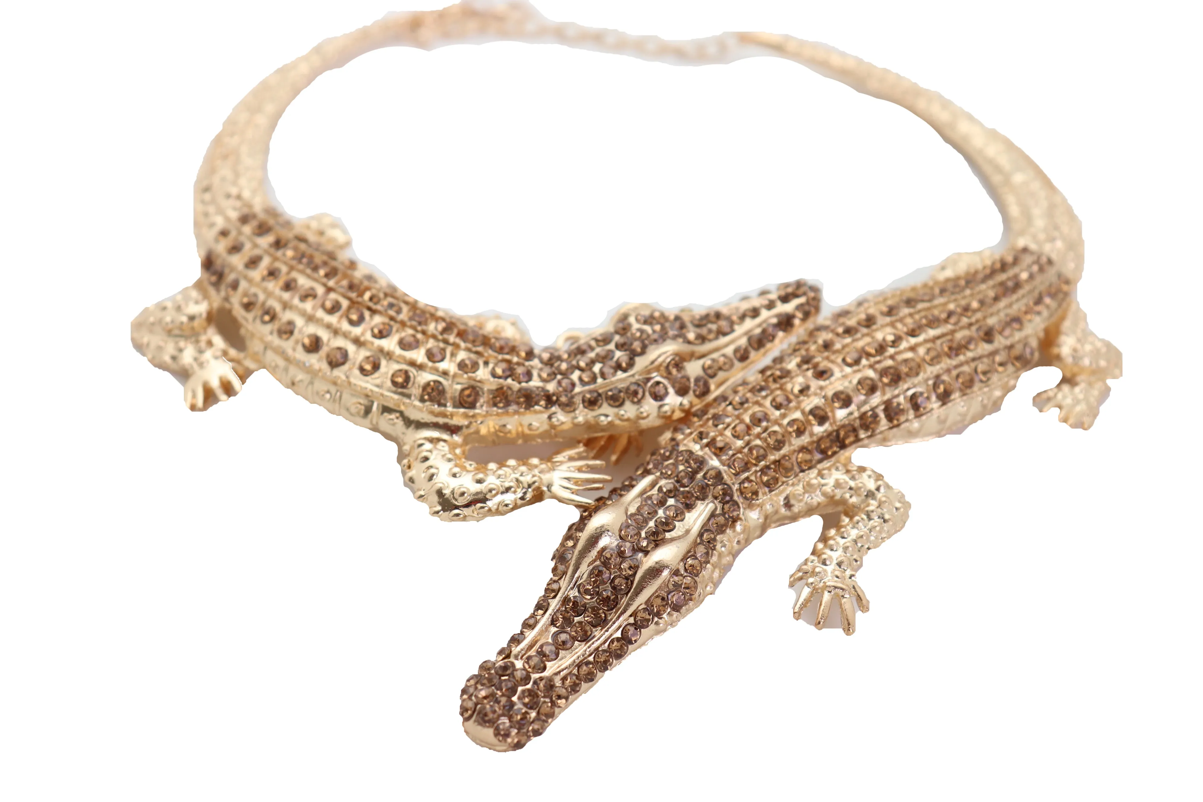 Bling Fashion Fancy Necklace Gold Metal Chain Crocodile Alligator Pendant