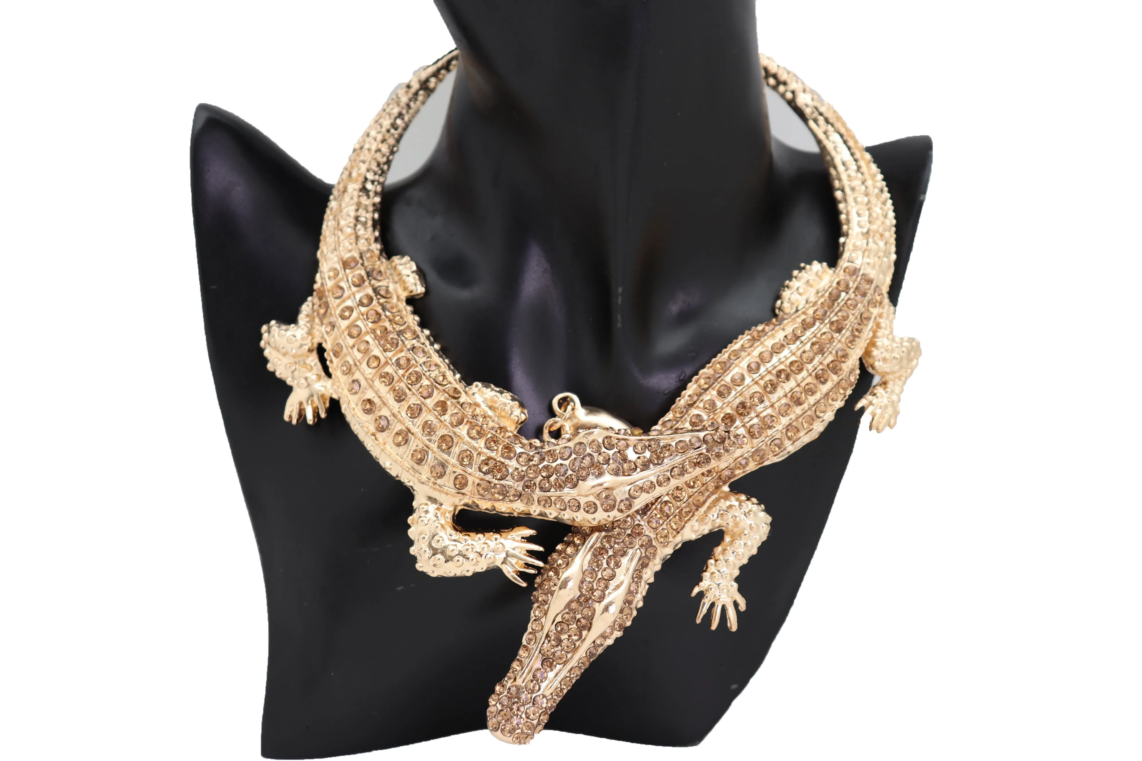 Bling Fashion Fancy Necklace Gold Metal Chain Crocodile Alligator Pendant