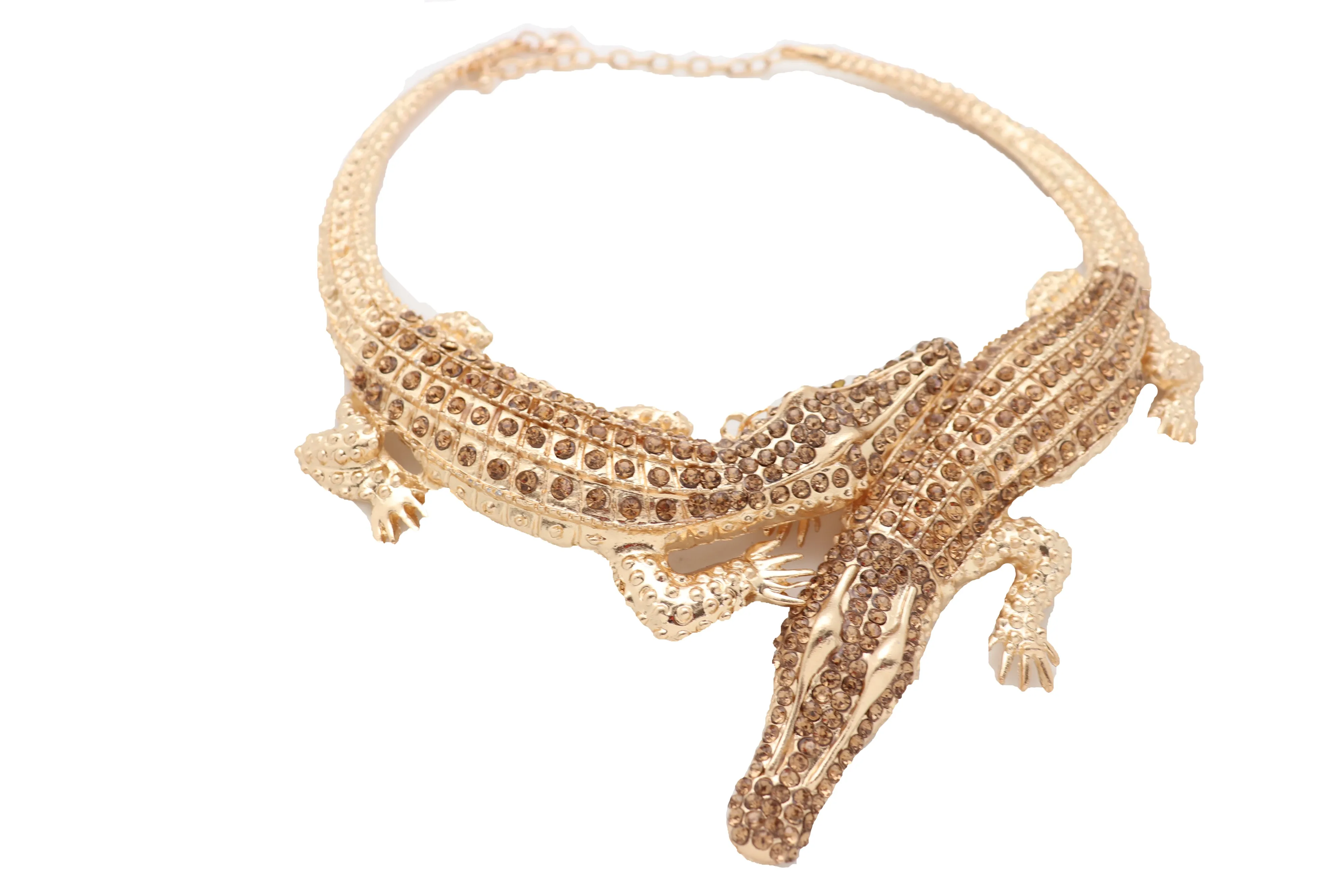 Bling Fashion Fancy Necklace Gold Metal Chain Crocodile Alligator Pendant