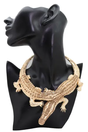 Bling Fashion Fancy Necklace Gold Metal Chain Crocodile Alligator Pendant