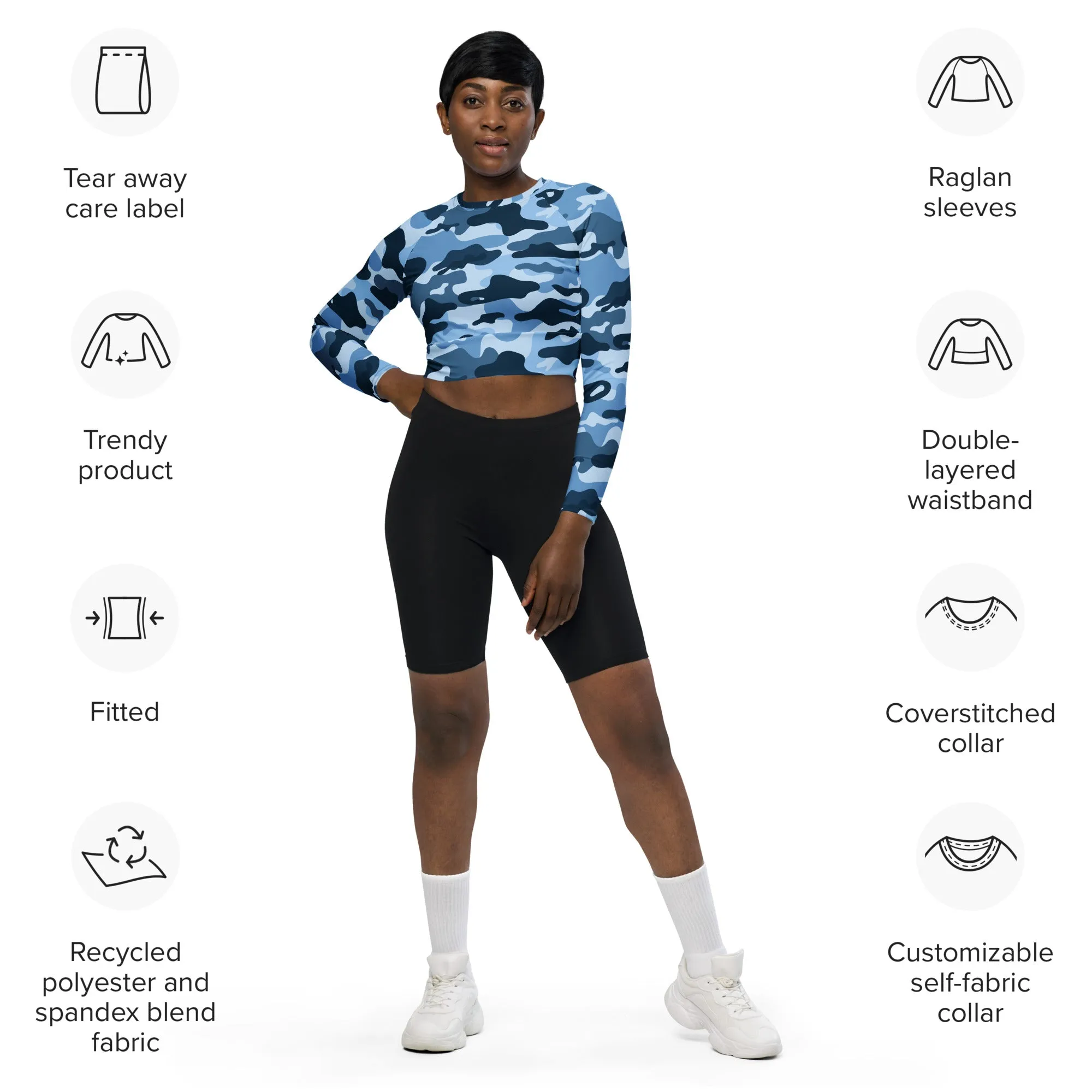 Blue Camo Recycled Long-sleeve Crop Top