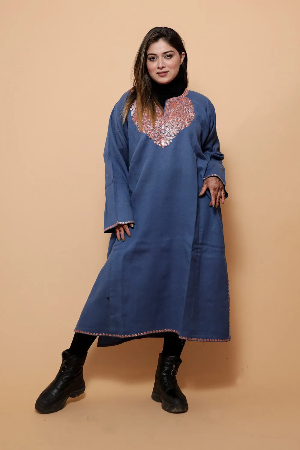 Blue Color Kashmiri  Work Embroidered Phiran Enriched With Zari Neckline Pattern