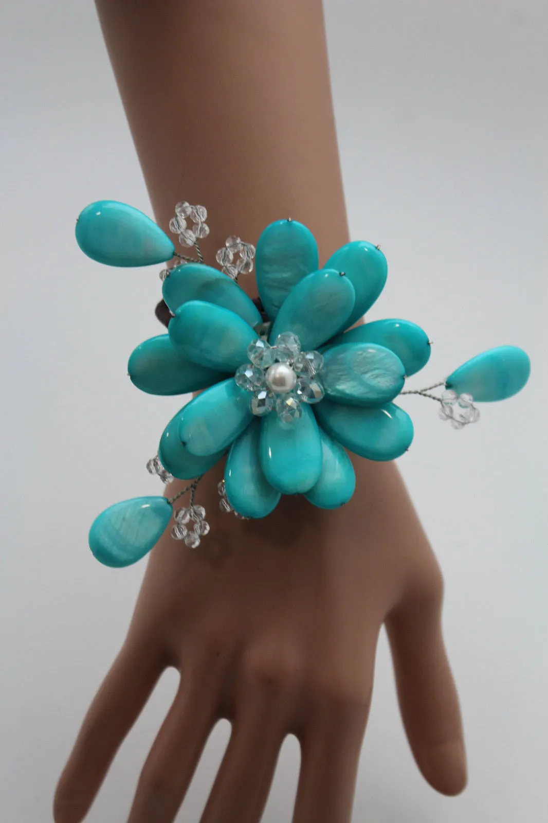 Blue Turquoise Beads Elastic Bracelet Flower Cuff Band