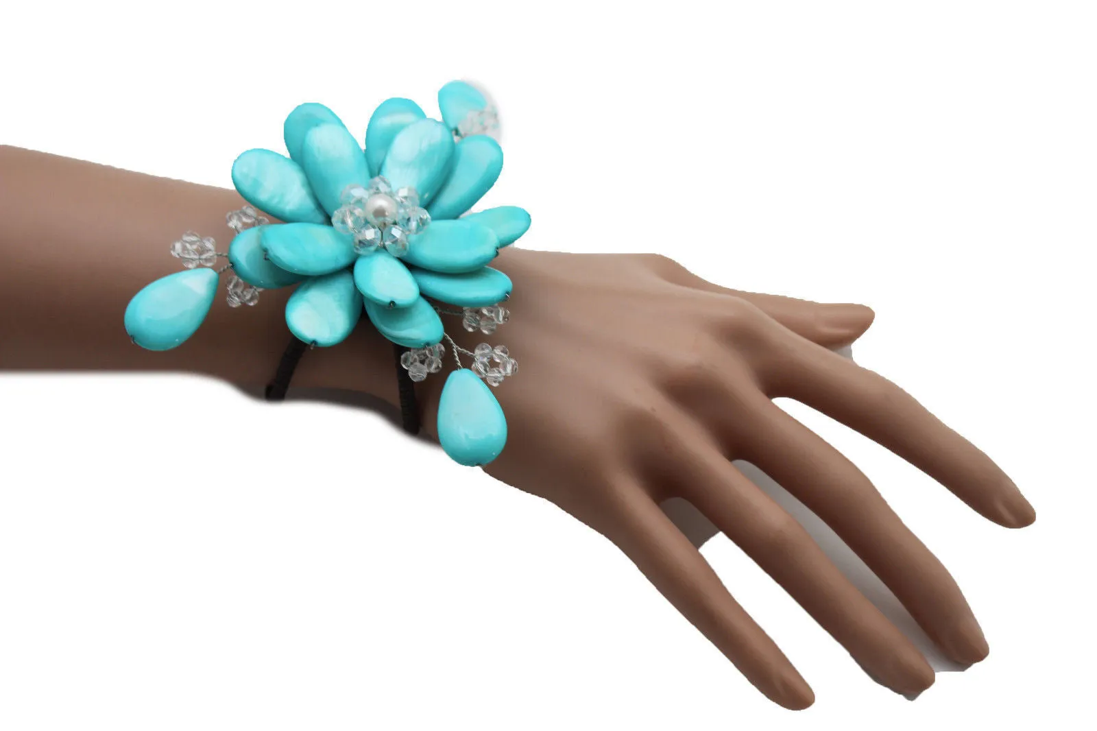 Blue Turquoise Beads Elastic Bracelet Flower Cuff Band