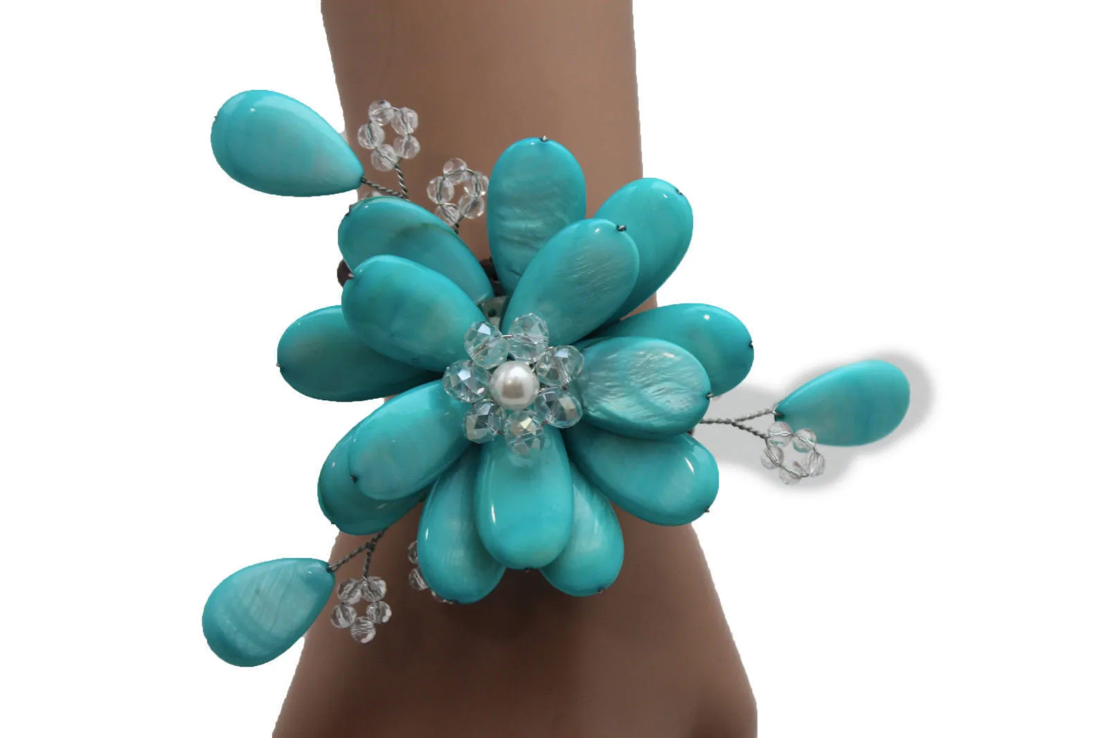 Blue Turquoise Beads Elastic Bracelet Flower Cuff Band