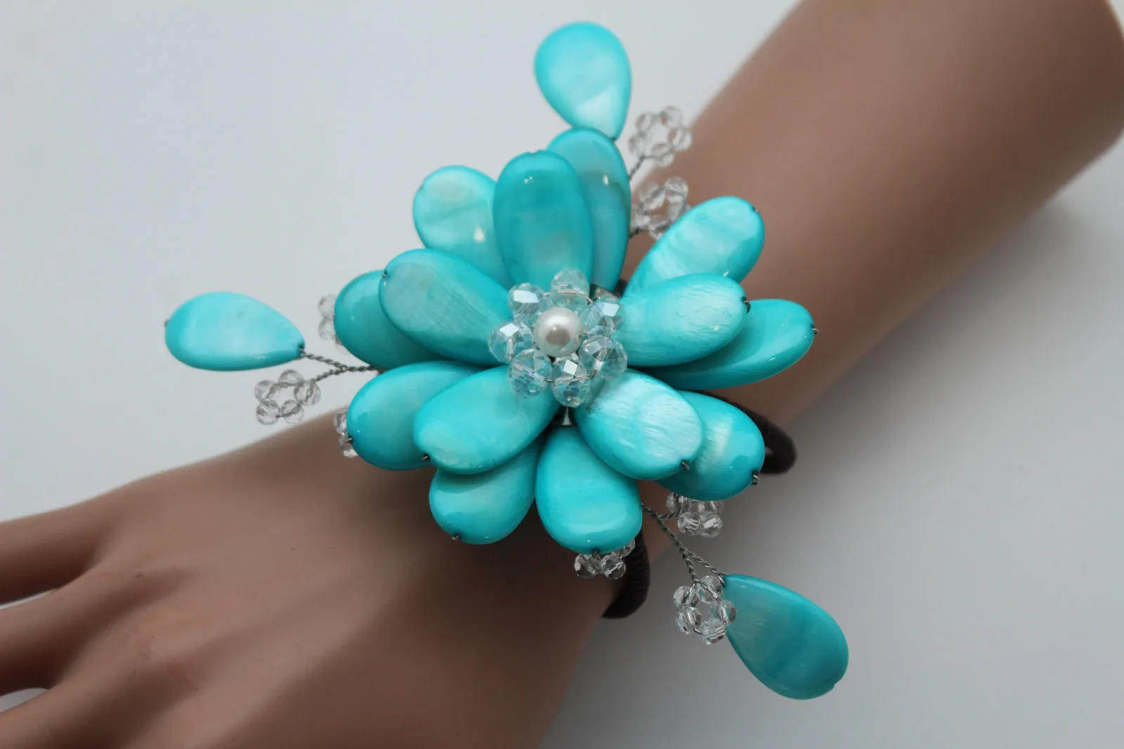 Blue Turquoise Beads Elastic Bracelet Flower Cuff Band