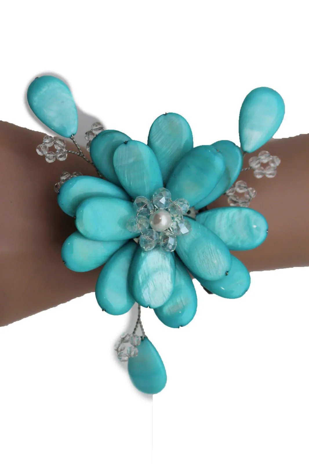 Blue Turquoise Beads Elastic Bracelet Flower Cuff Band