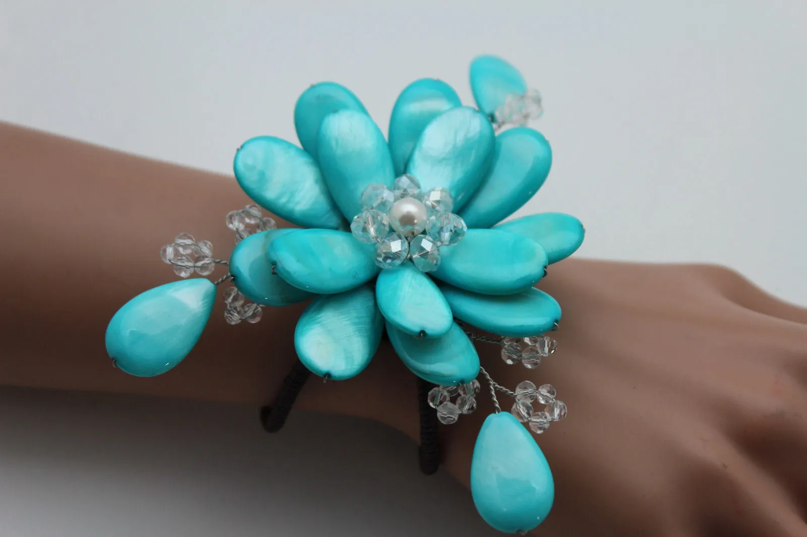 Blue Turquoise Beads Elastic Bracelet Flower Cuff Band