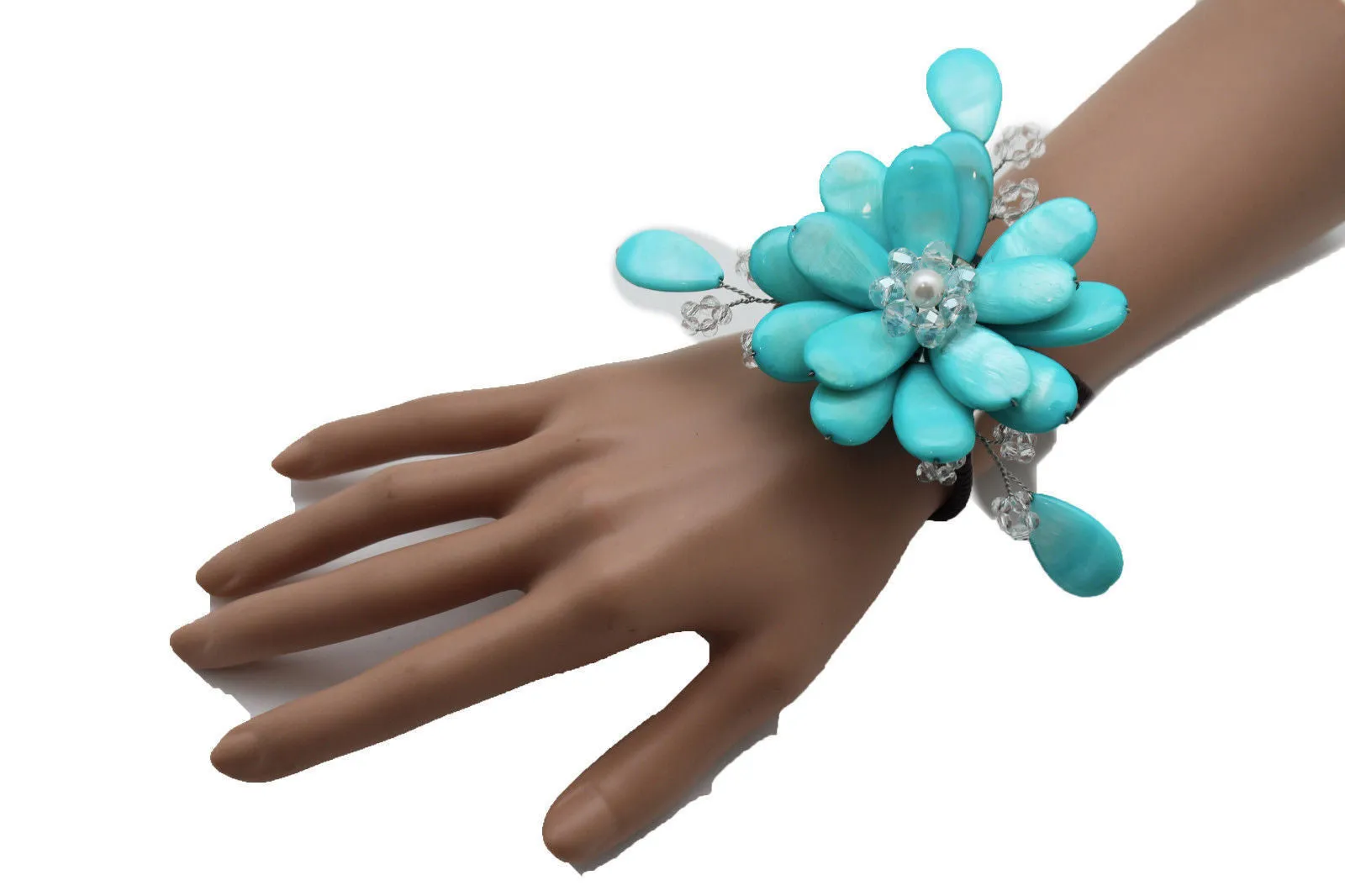 Blue Turquoise Beads Elastic Bracelet Flower Cuff Band