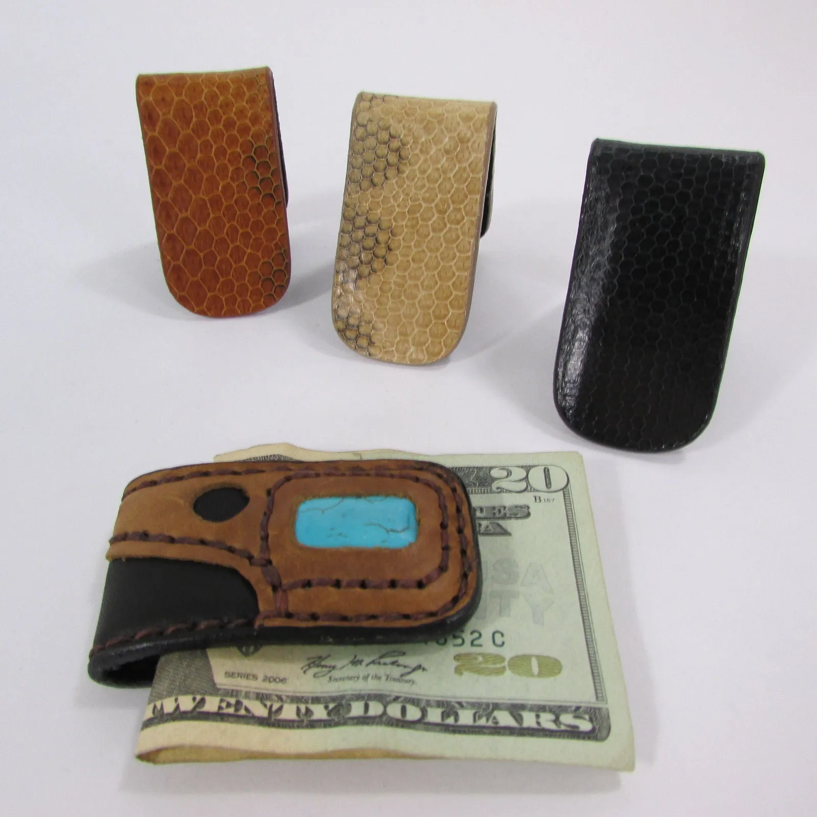 Brown Black Beige Snake Skin Genuine Leather Magnet Money Clip