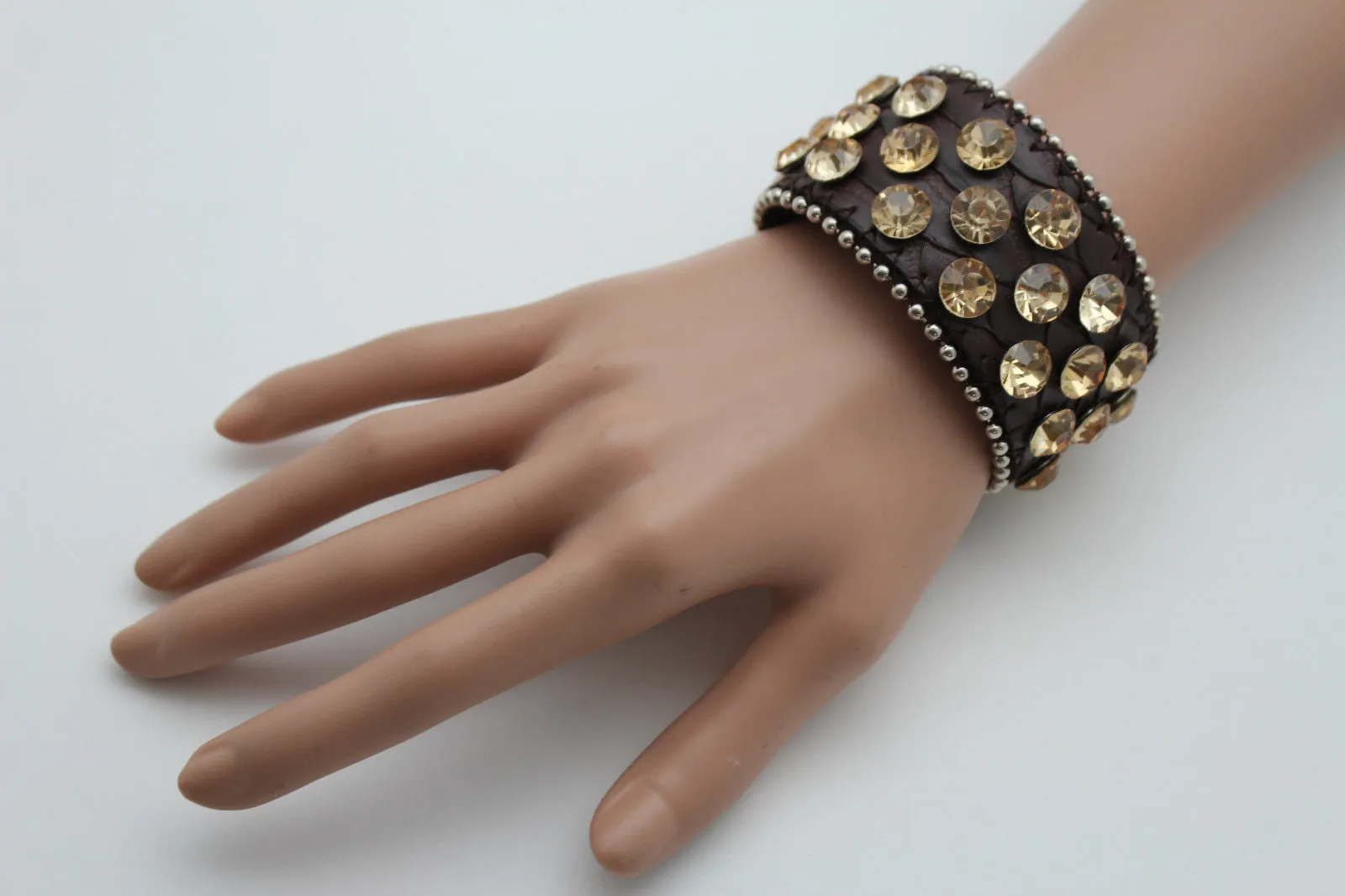 Brown Leather Bracelet Metal Studs Multi Gold Rhinestones