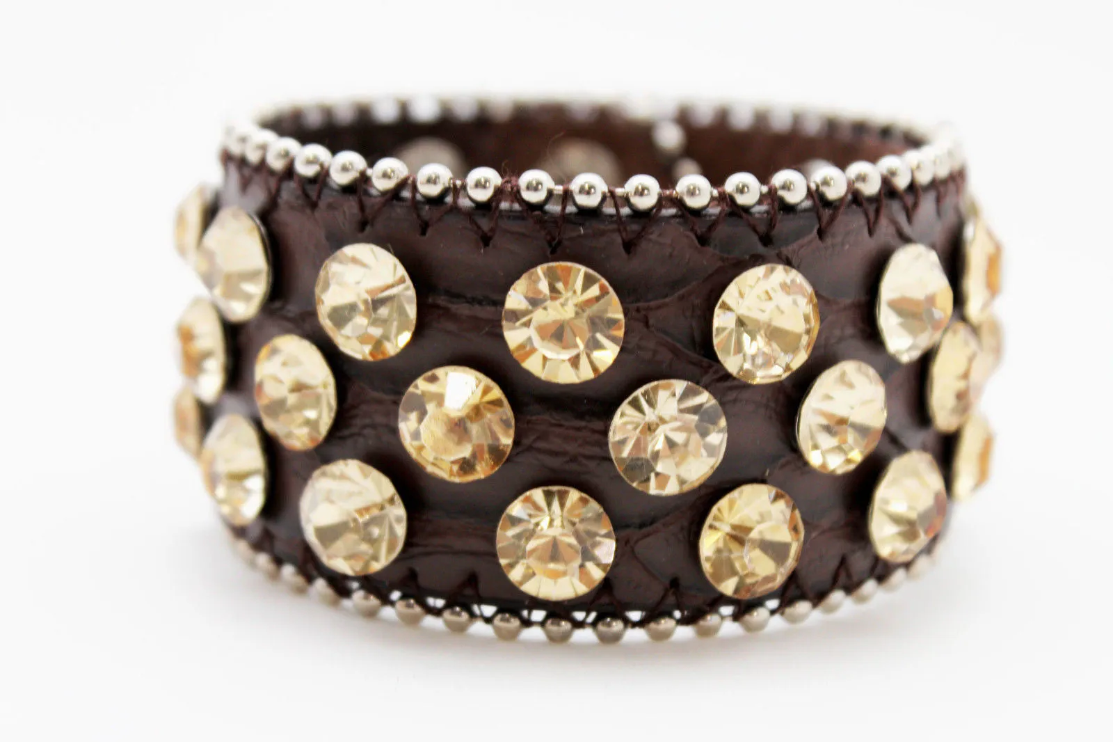 Brown Leather Bracelet Metal Studs Multi Gold Rhinestones