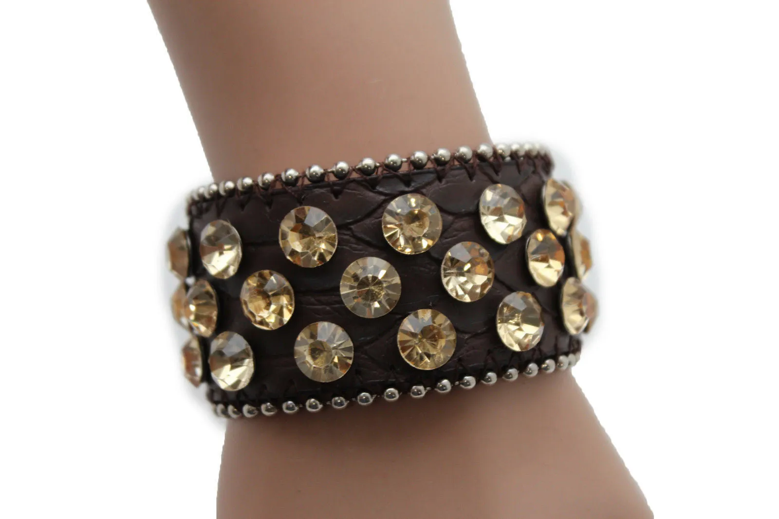 Brown Leather Bracelet Metal Studs Multi Gold Rhinestones