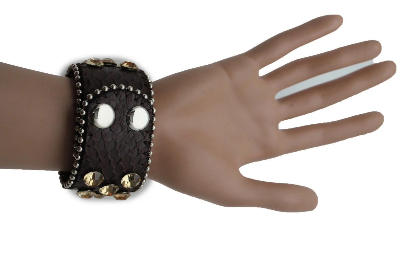 Brown Leather Bracelet Metal Studs Multi Gold Rhinestones