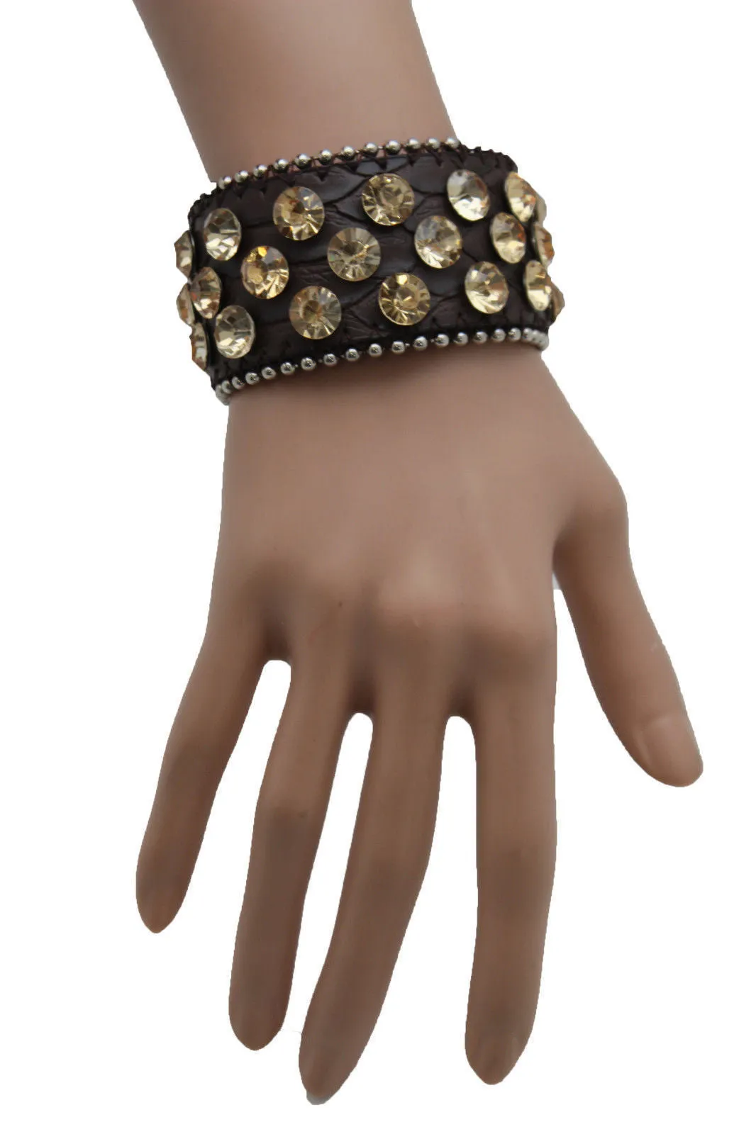 Brown Leather Bracelet Metal Studs Multi Gold Rhinestones