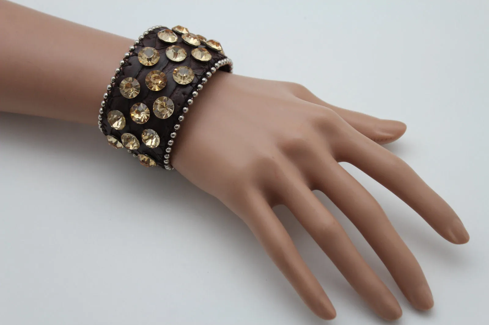 Brown Leather Bracelet Metal Studs Multi Gold Rhinestones