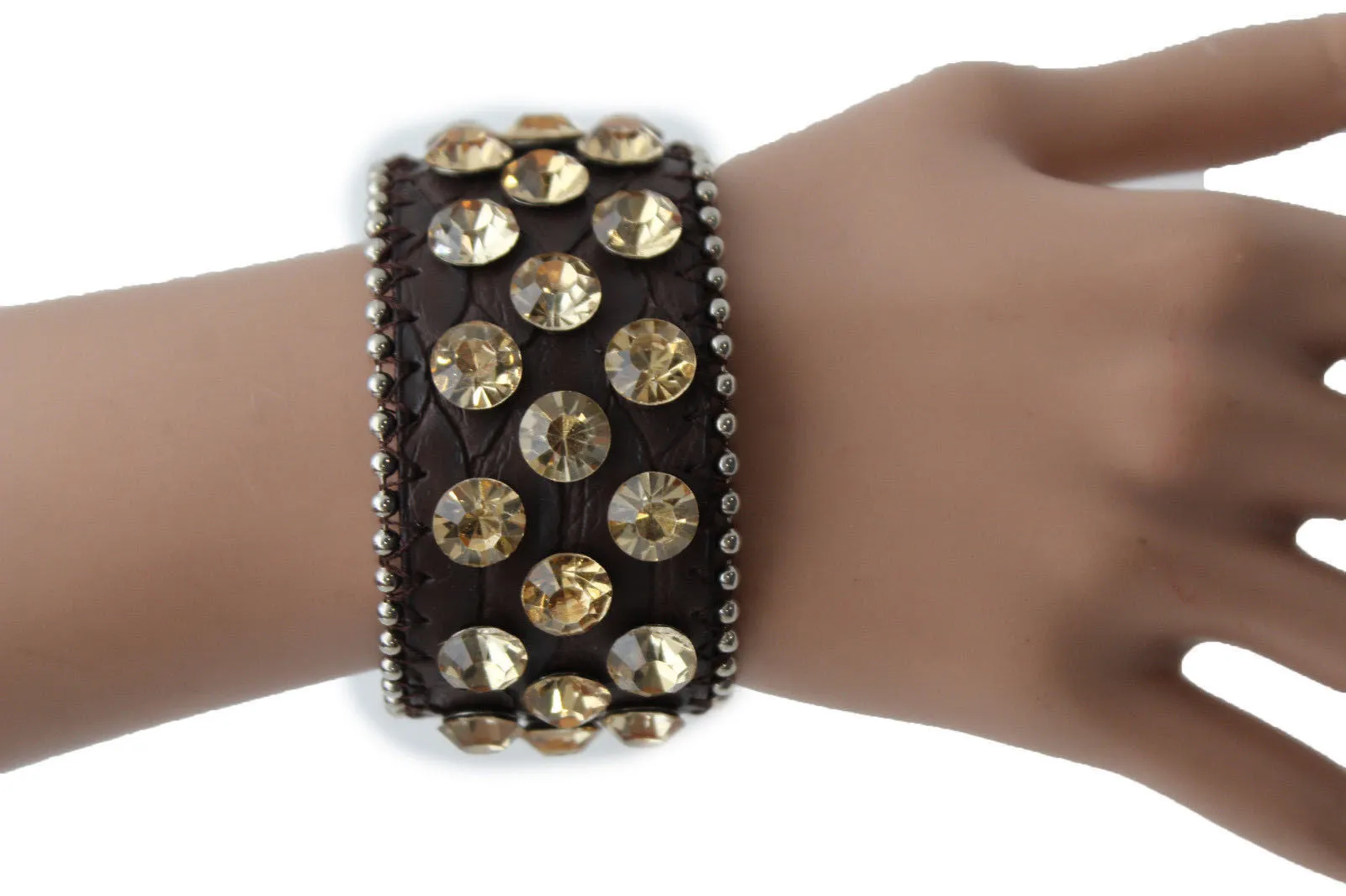 Brown Leather Bracelet Metal Studs Multi Gold Rhinestones