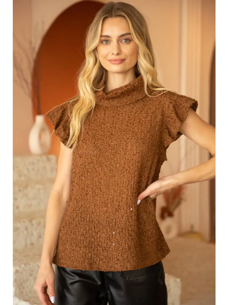 BROWN TEXTURED AND SEQUINS KNITTED TOP