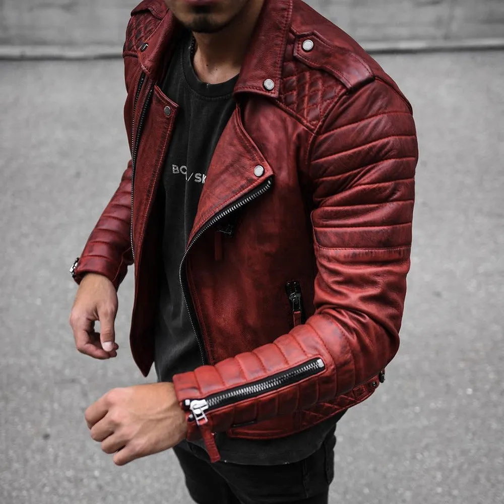 Casual Zipper Red Solid Color Leather Jacket