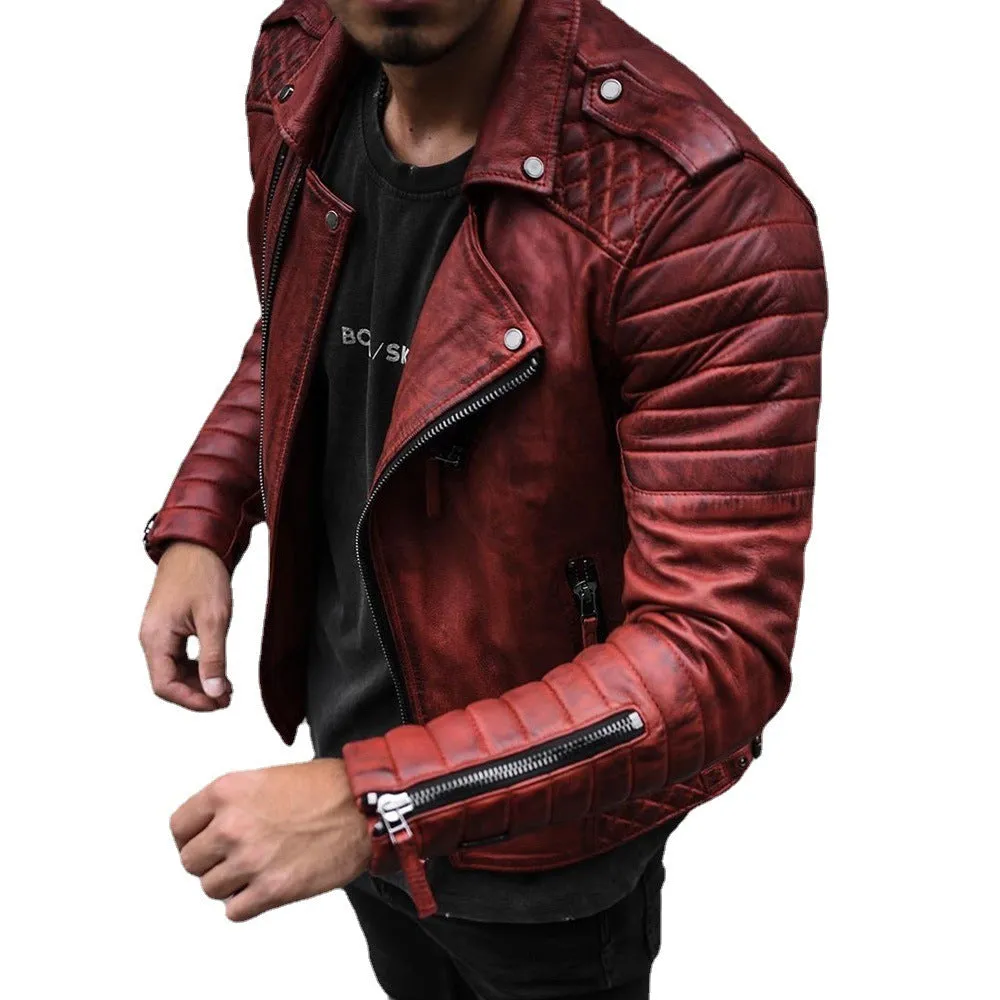 Casual Zipper Red Solid Color Leather Jacket