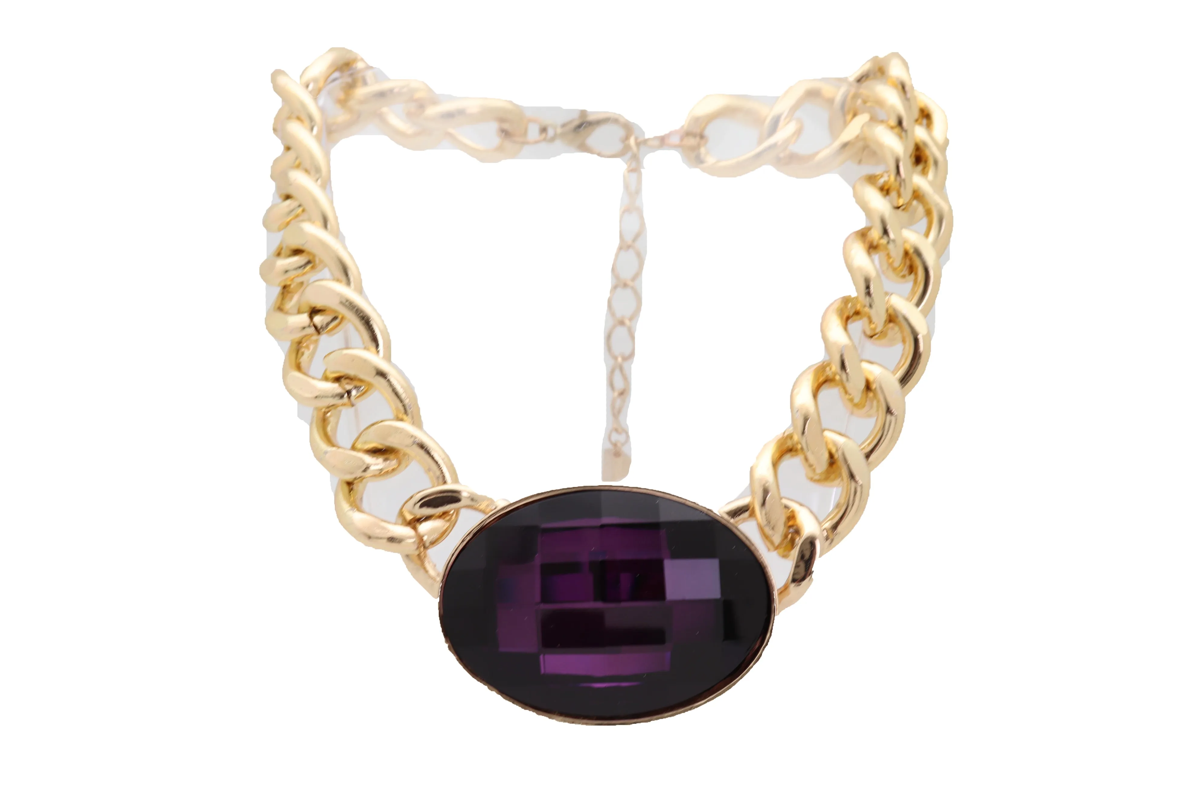 Chunky Short Length Chain Link & Purple Gem Pendant Necklace