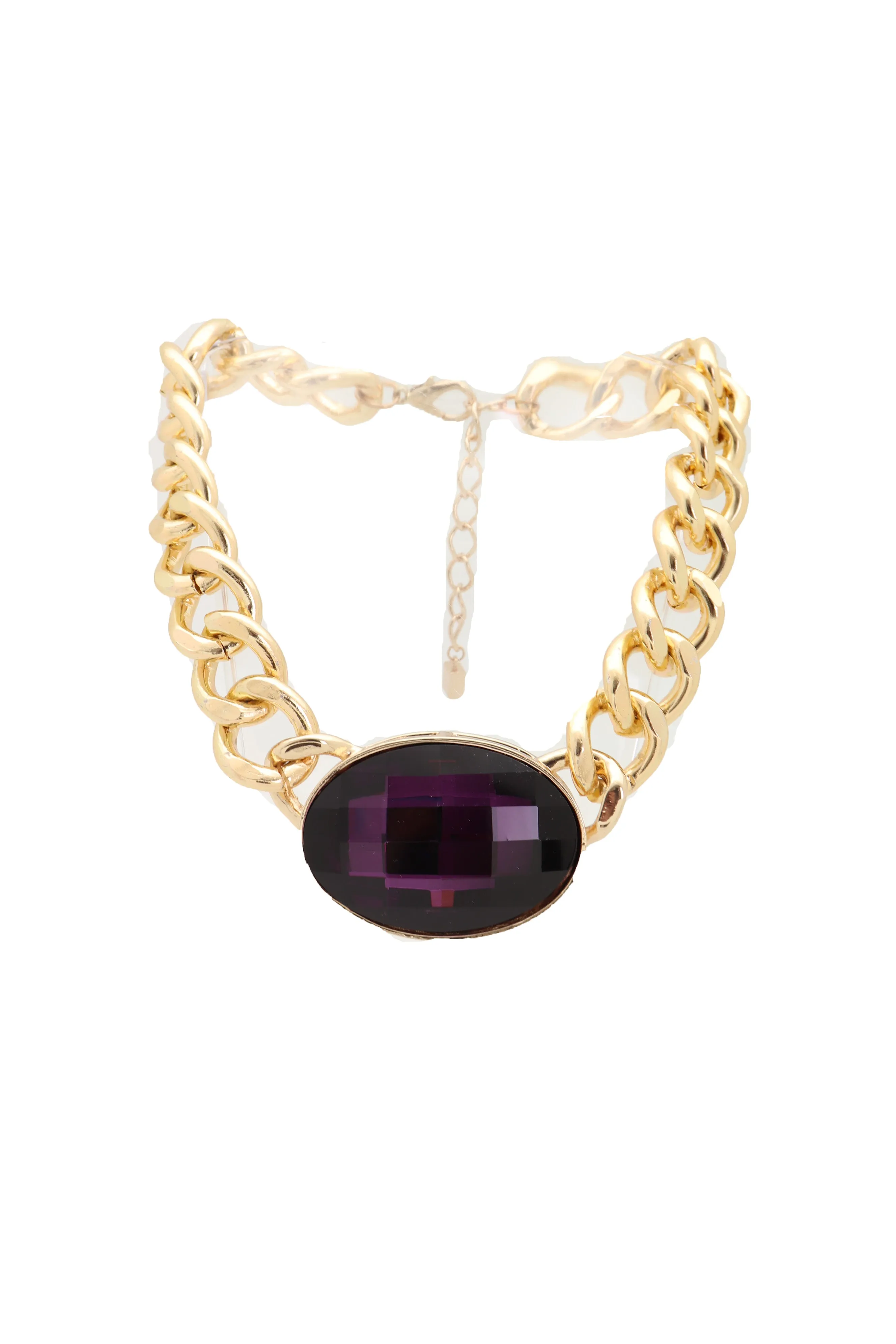 Chunky Short Length Chain Link & Purple Gem Pendant Necklace