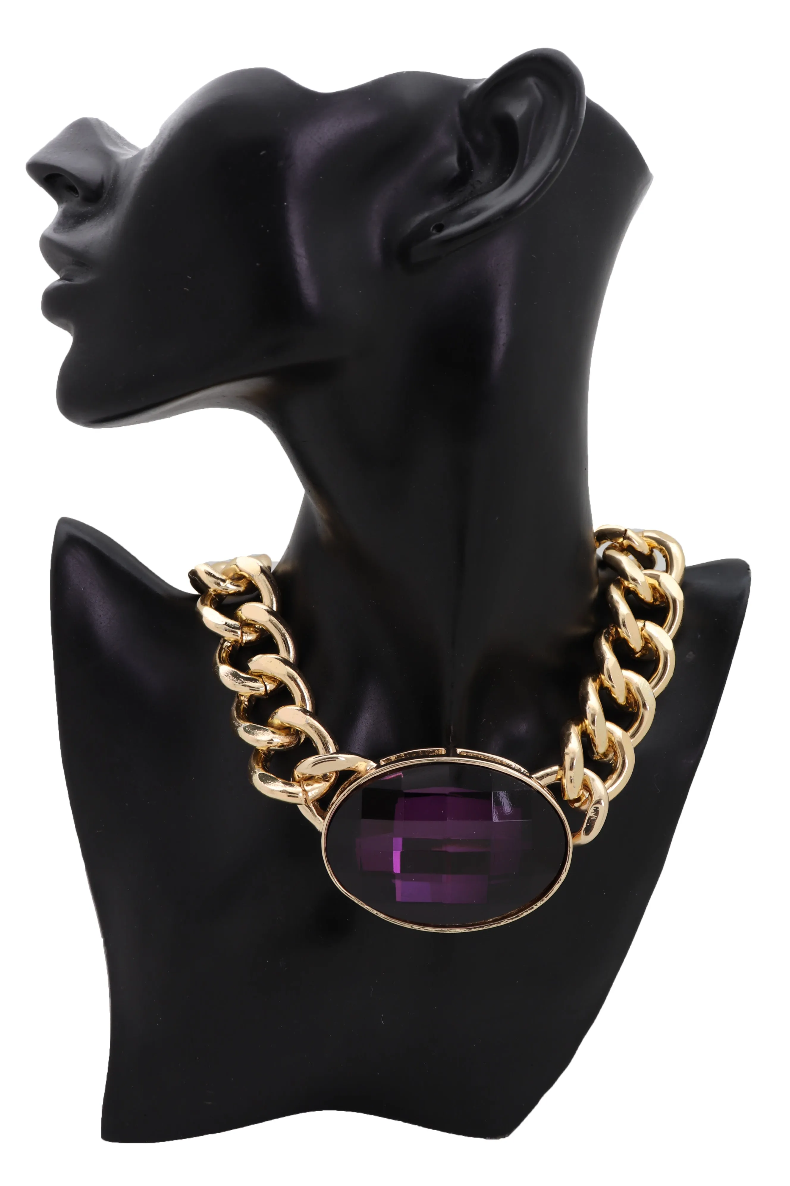 Chunky Short Length Chain Link & Purple Gem Pendant Necklace