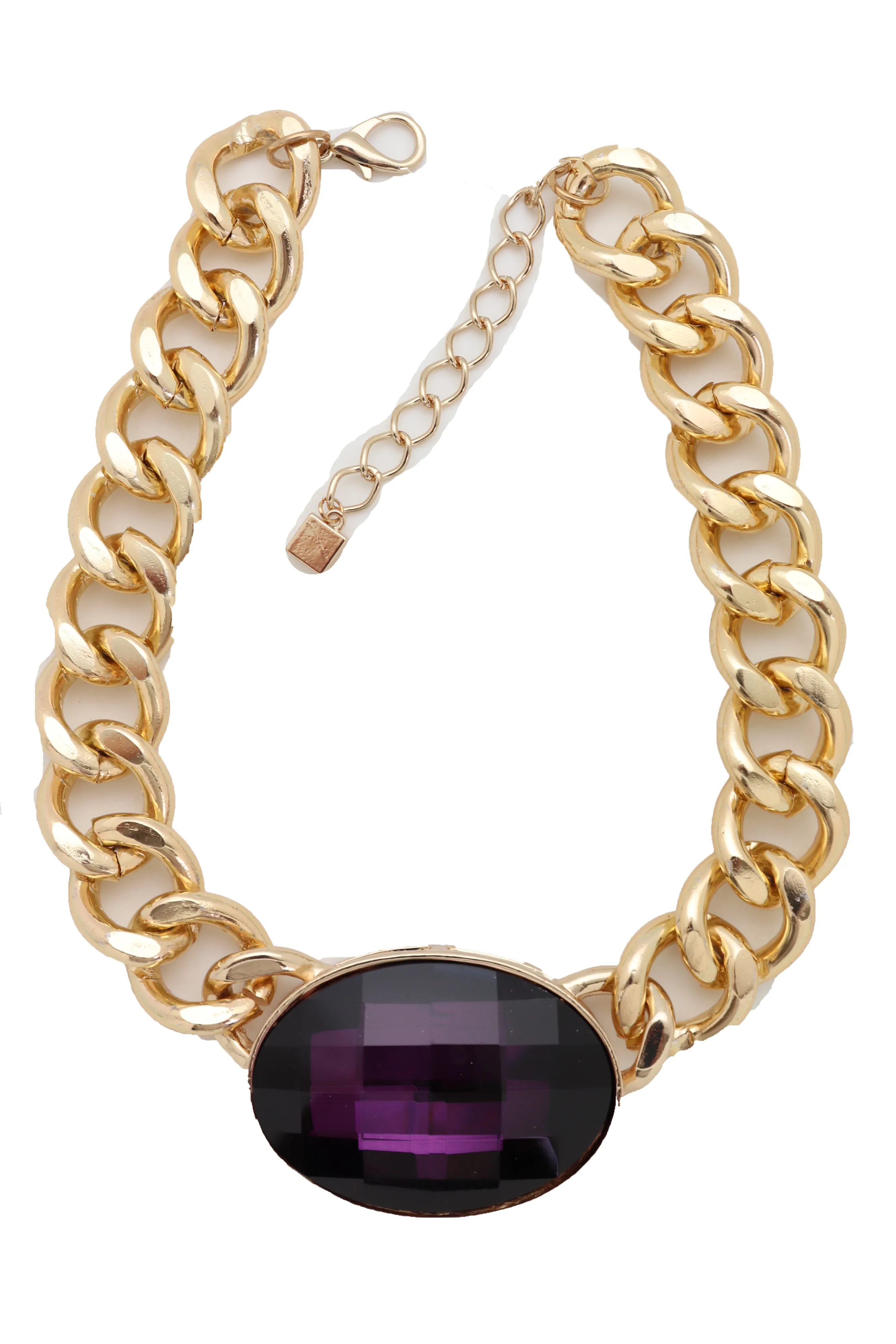 Chunky Short Length Chain Link & Purple Gem Pendant Necklace