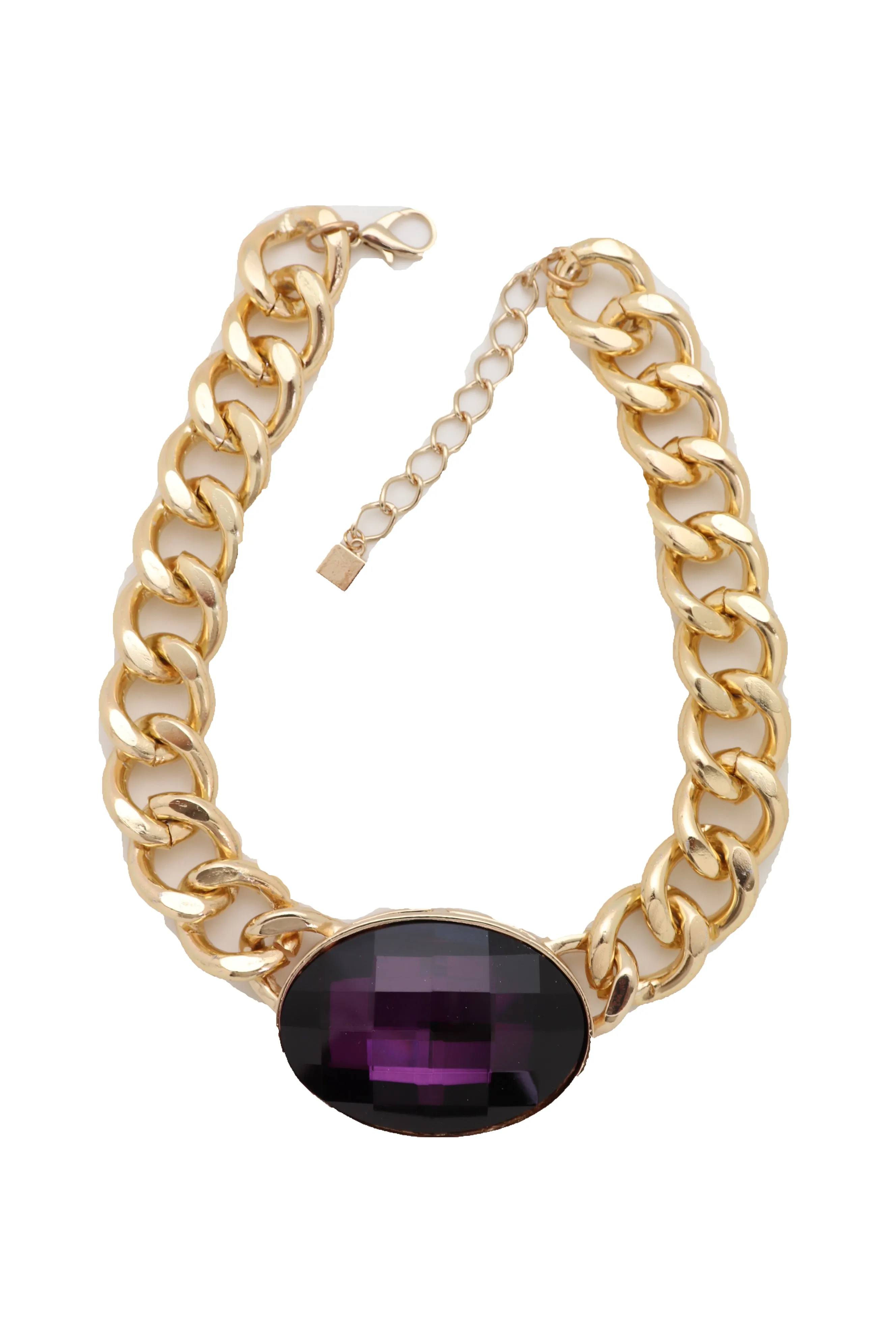 Chunky Short Length Chain Link & Purple Gem Pendant Necklace