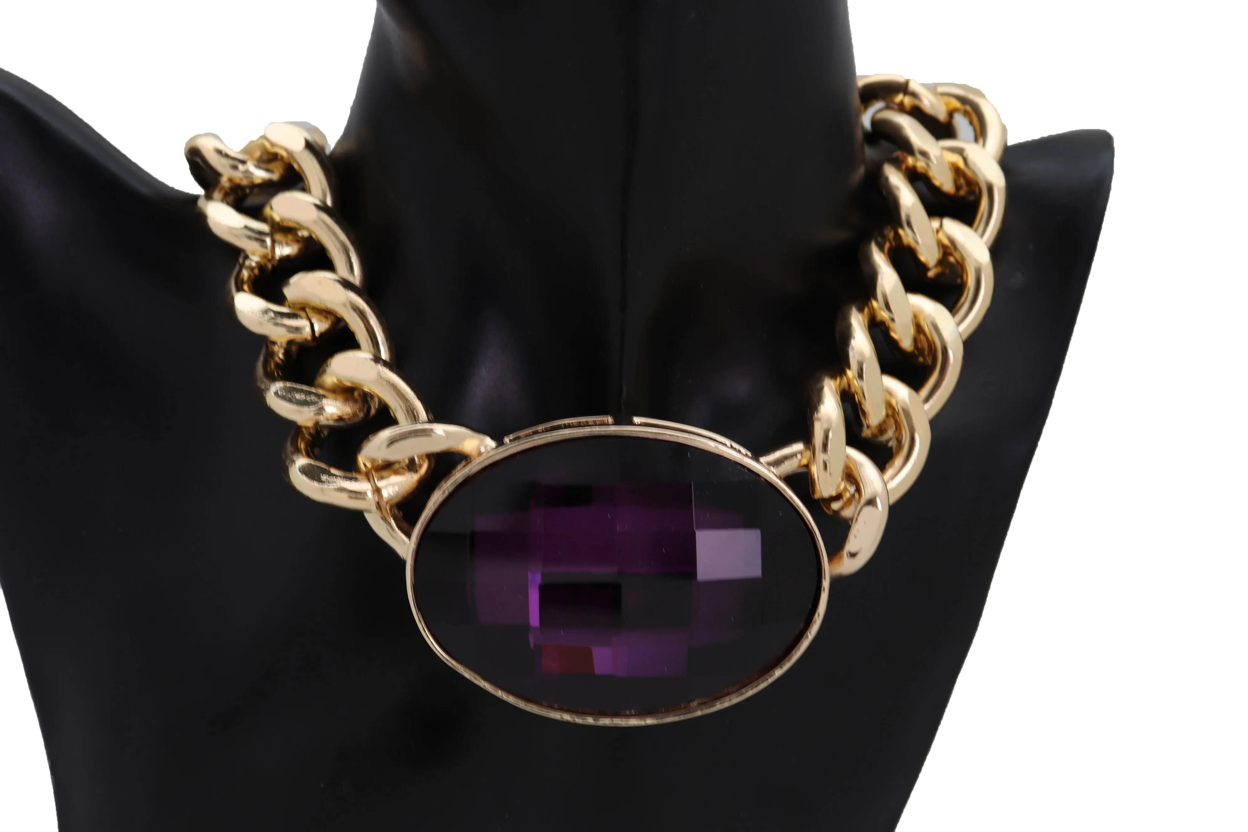 Chunky Short Length Chain Link & Purple Gem Pendant Necklace