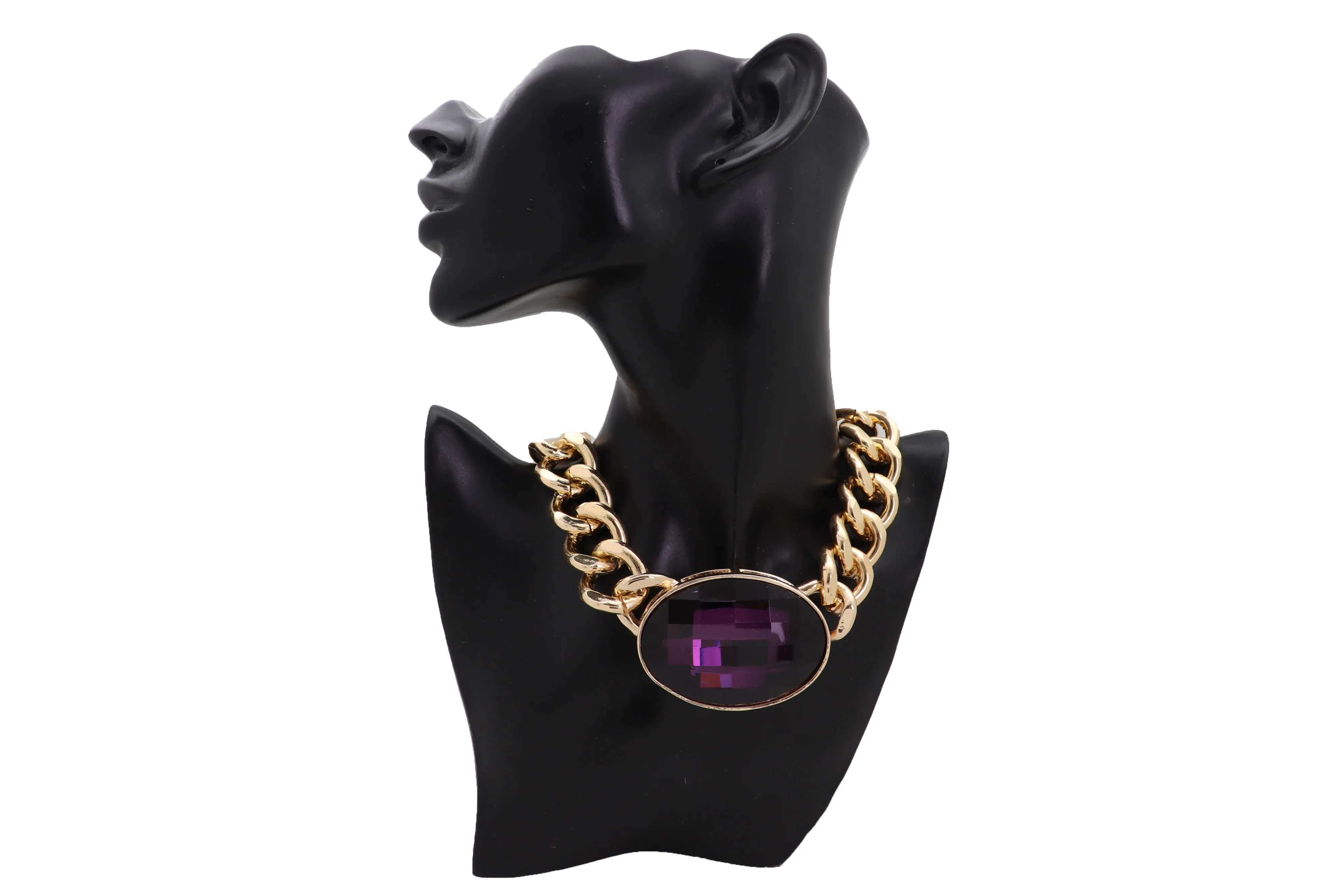 Chunky Short Length Chain Link & Purple Gem Pendant Necklace