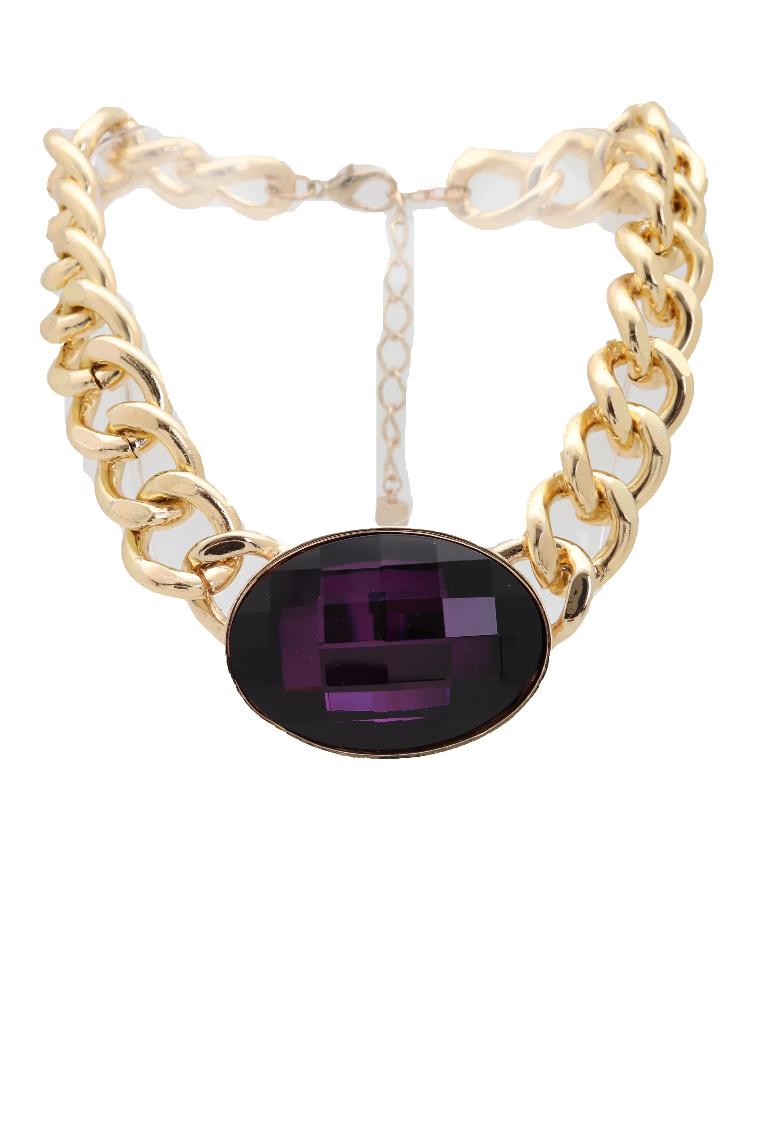 Chunky Short Length Chain Link & Purple Gem Pendant Necklace