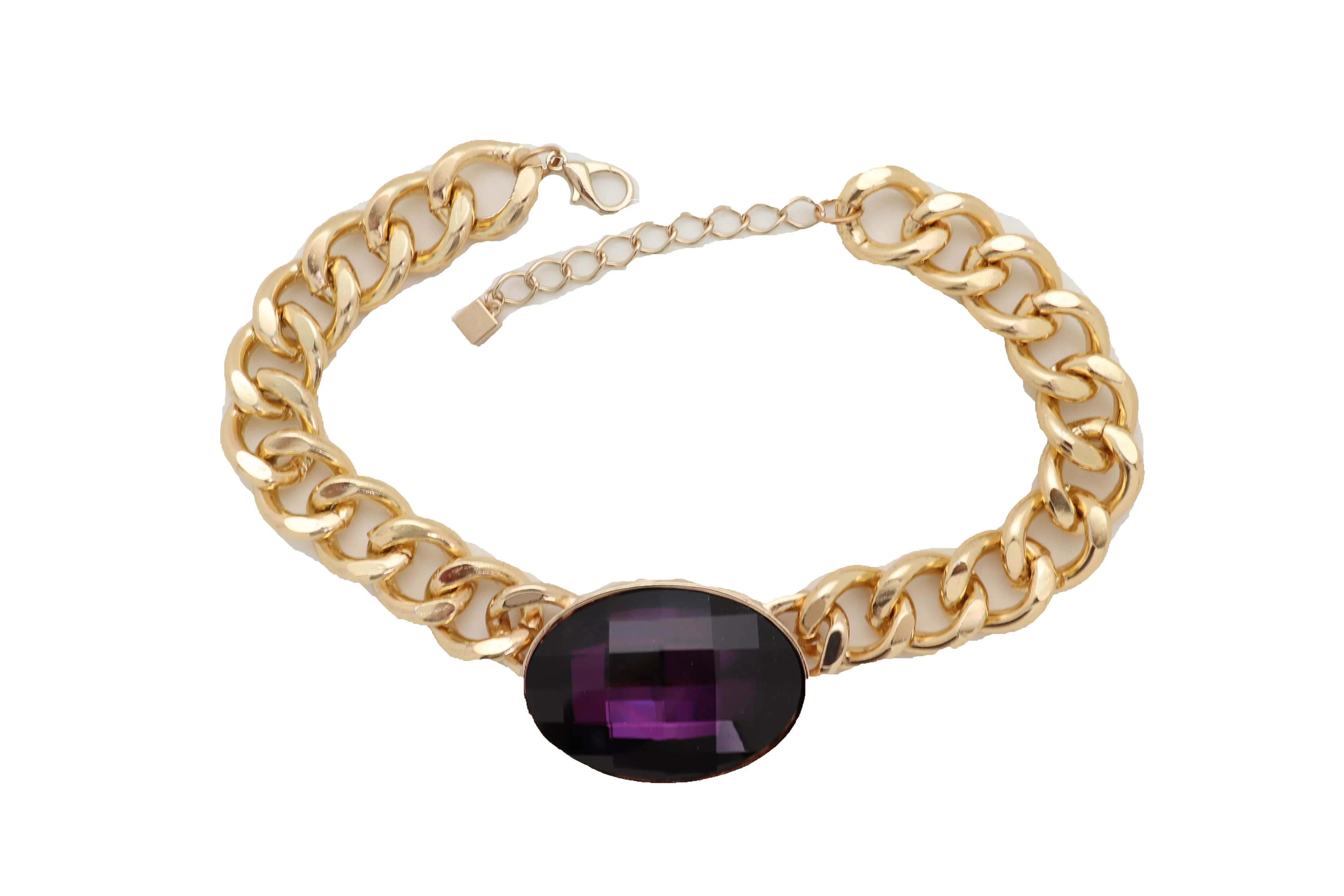 Chunky Short Length Chain Link & Purple Gem Pendant Necklace