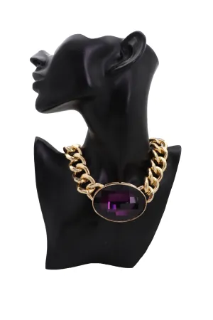 Chunky Short Length Chain Link & Purple Gem Pendant Necklace