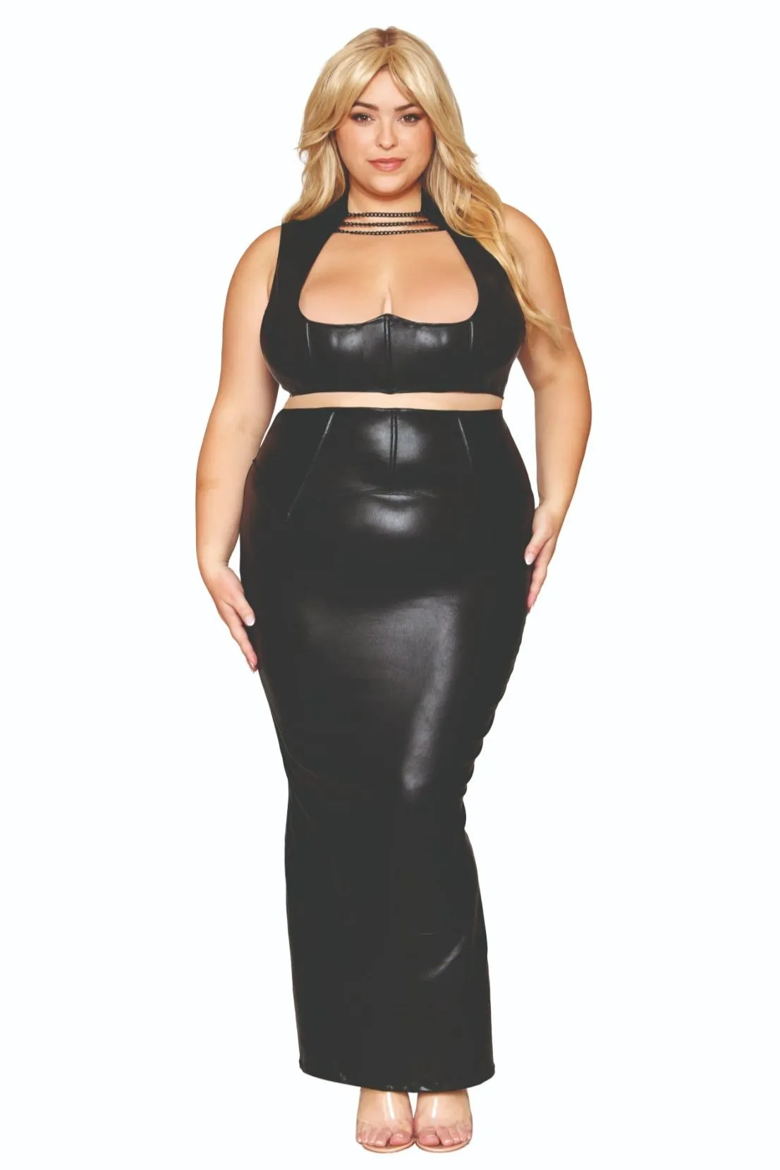 Curvy Faux Leather Harness Bra & Long Skirt Set