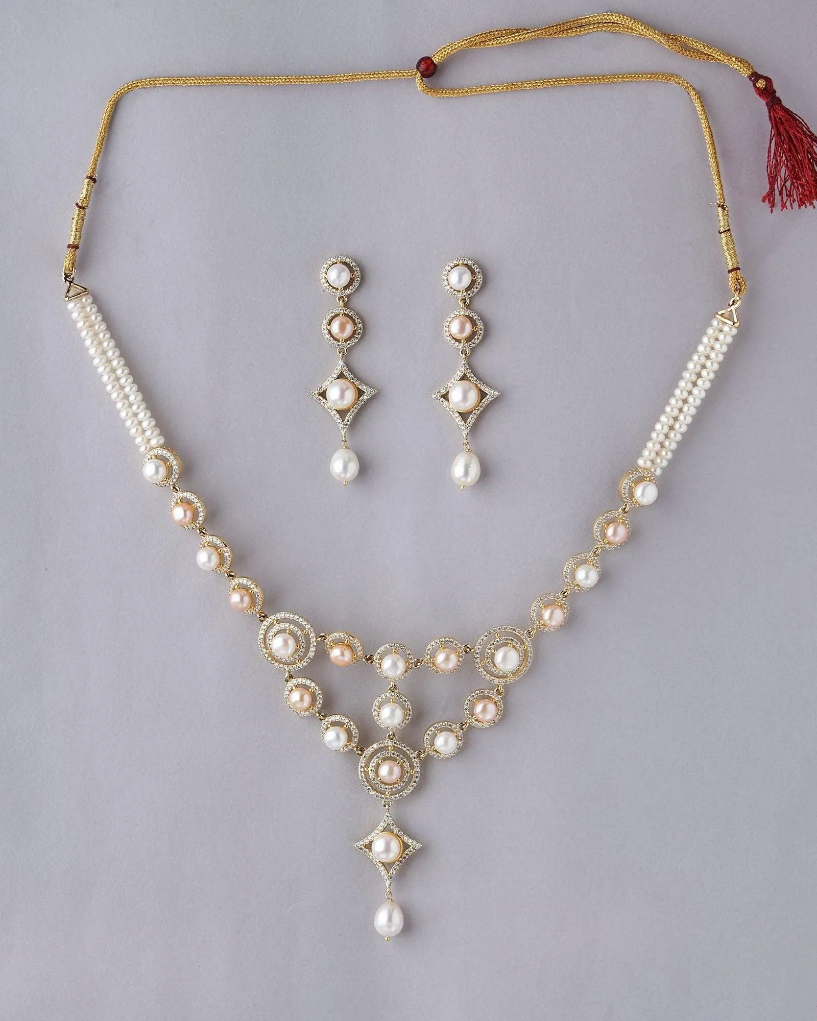 Dual Tone Pearl and Stone Necklace Set