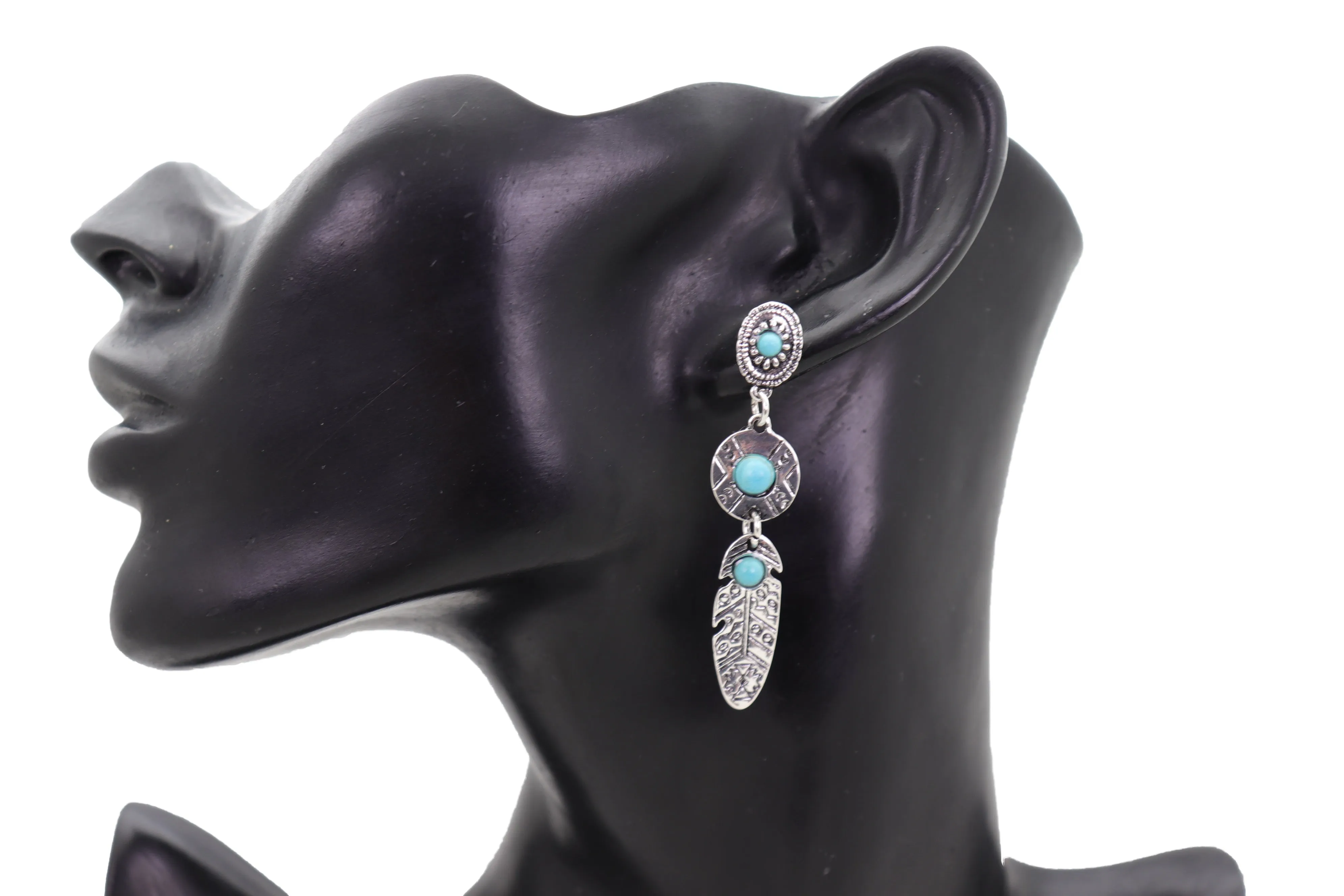 Earrings Ethnic Silver Metal Native Feathers Jewelry Turquoise Blue Beads